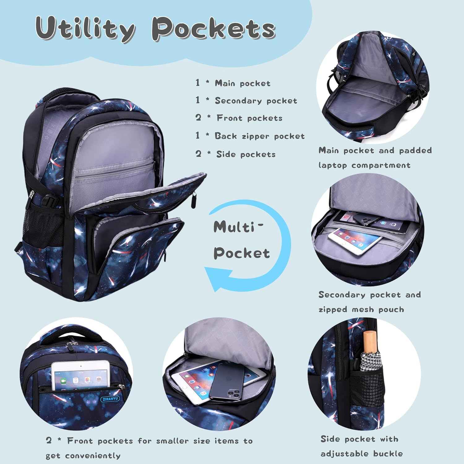 Galaxy-Print School-Bag Backpack for Boys Middle-School Elementary Bookbag image number 5