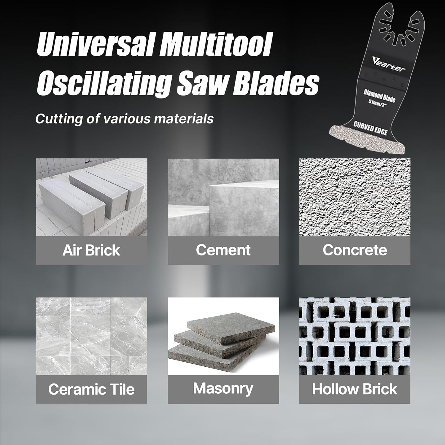 Vearter 5PCS Diamond Oscillating Saw Blades, 51Mm Universal Multitool Blades for Grit Grout Removal, Quick Release Curved Edge Multi Tool Kit for Tile, Air Brick, Cement, Concrete, Masonry image number 3