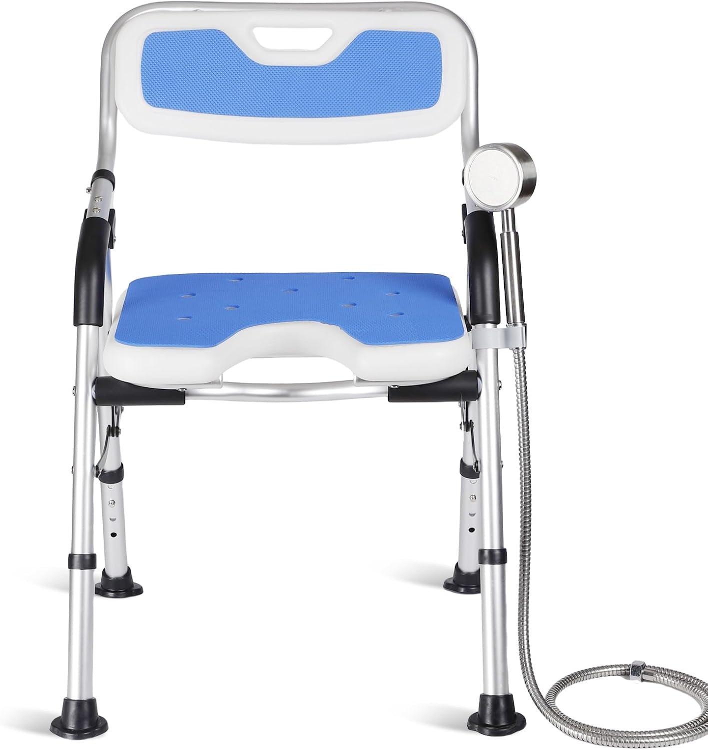 Shower Chair Adjustable U-Shaped Bath Chair Aluminum Alloy Frame Shower Stool with Back & Armrests for Elderly Disabled Bathroom, Hold up to 150 KG