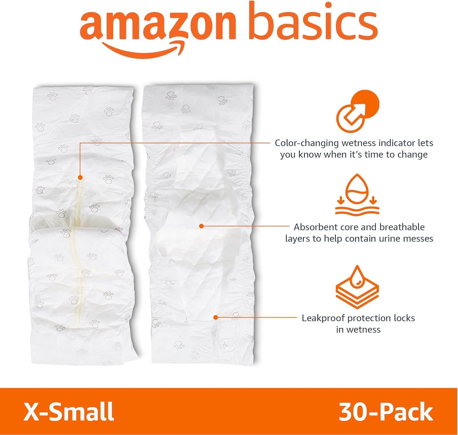 Amazon Basics Male Dog Wrap, Disposable Diapers, X-Small, Pack of 30, White image number 2