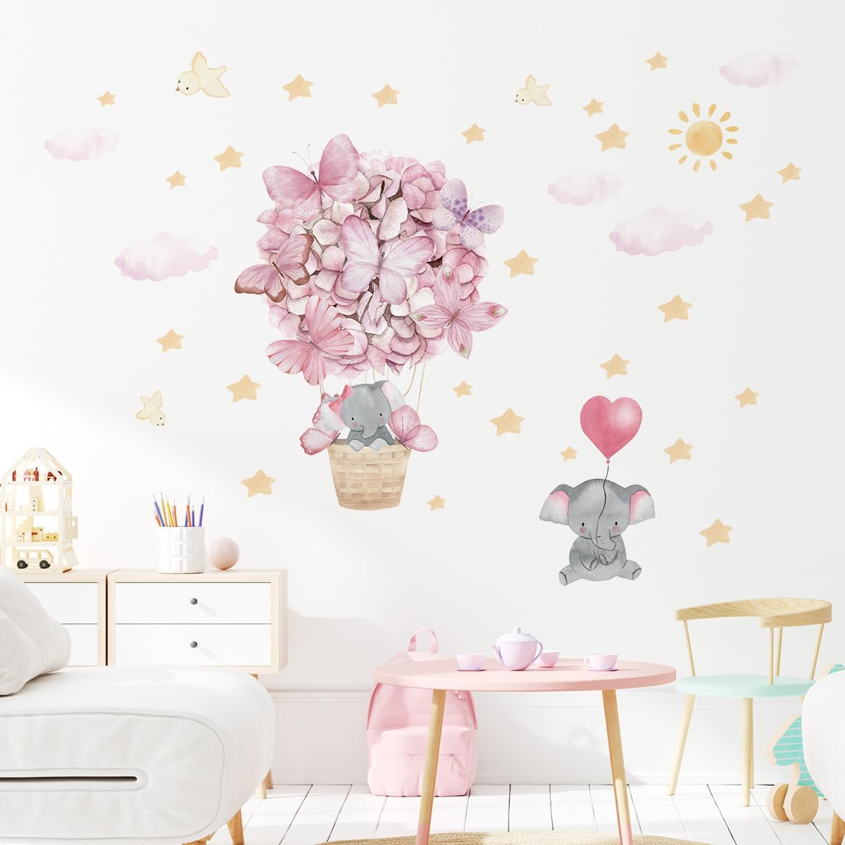 Pink Butterfly Hot Air Balloon Elephant Wall Decor for Baby Girl Room Star Cloud Nursery Wall Decal Stickers image number 3