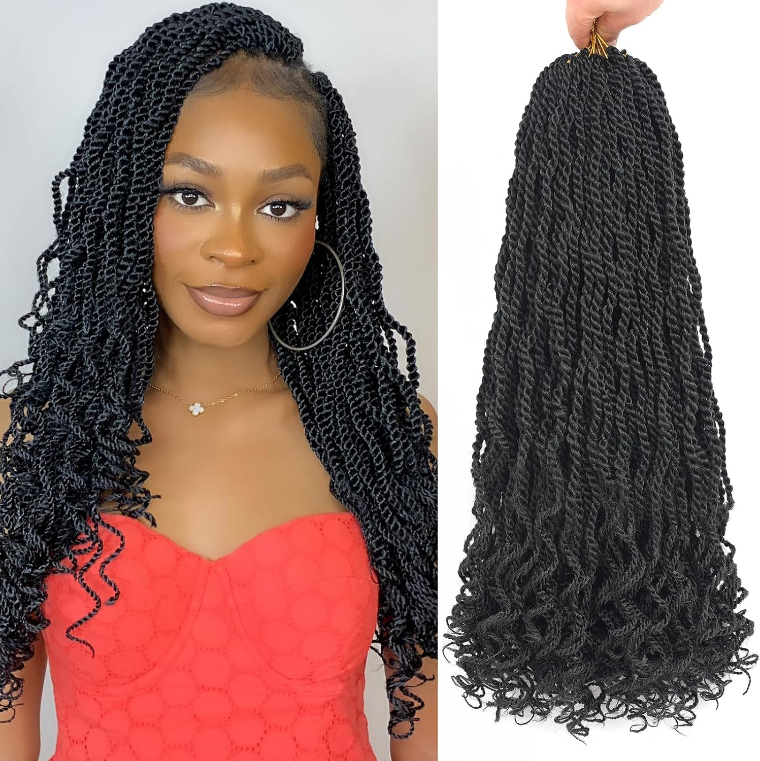 Mscat 14 Inch Wavy Senegalese Twist Crochet Hair, 8 Pack Synthetic Short Pre Looped Kids Crochet Braids with Curly Ends, Pre Twisted Small Havana Twist Braiding Hair for Black Women 1B# image number 4