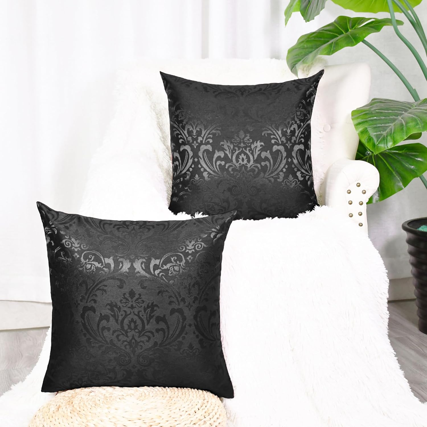 Pack of 2 Calitime Throw Pillow Covers Cases for Couch Sofa Home Decoration Vintage Damask Floral Shining & Dull Contrast 18 X 18 Inches Black image number 4