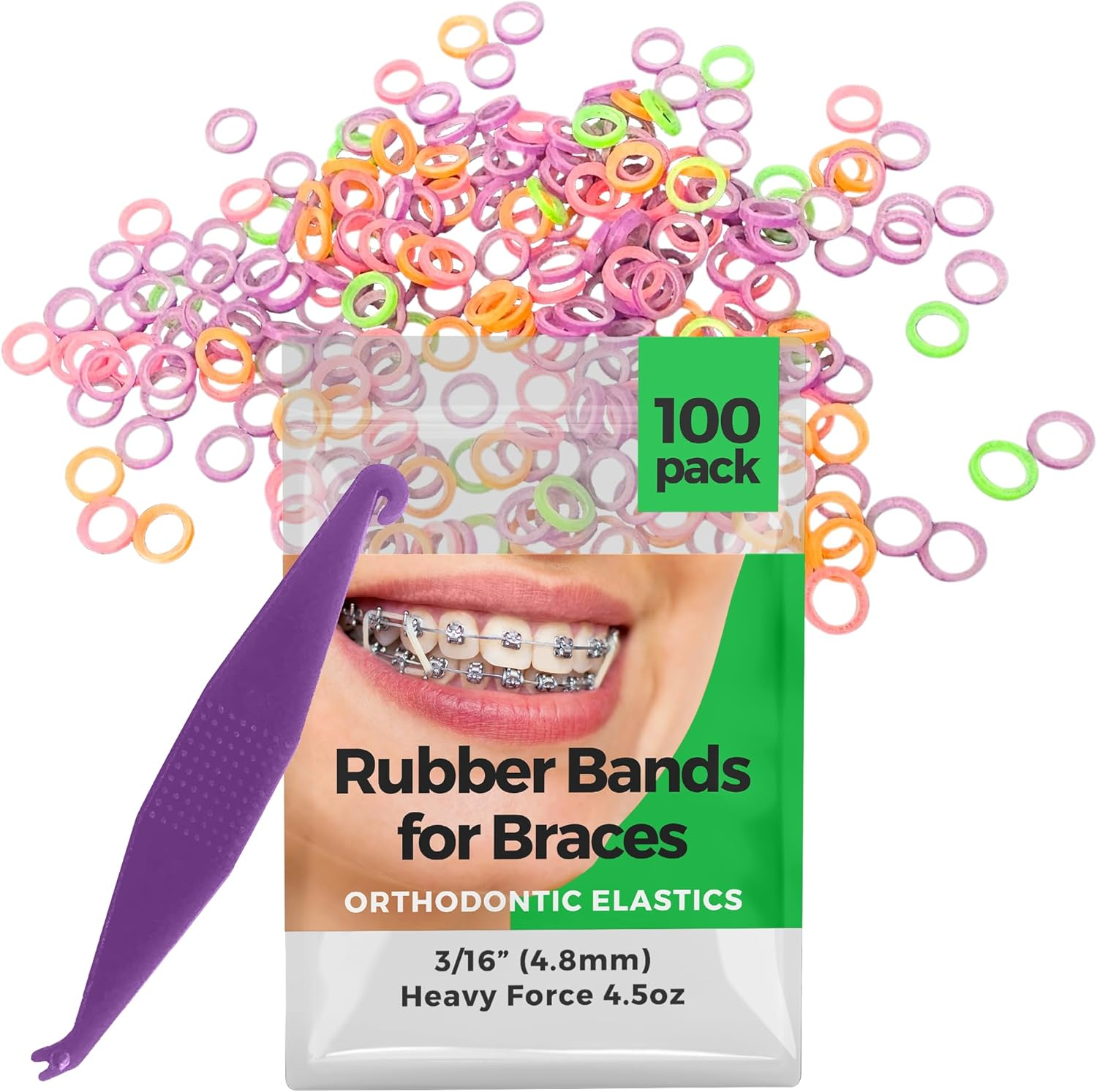 Orthodontic Rubber Bands for Braces - Premium Quality Elastic Teeth Rubber Bands for Braces, Fix Tooth Gaps, Dreadlocks, Includes Free Elastic Placer - Heavy Force 4.5 Oz, 3/16 Inch, Neon (100 Pack)