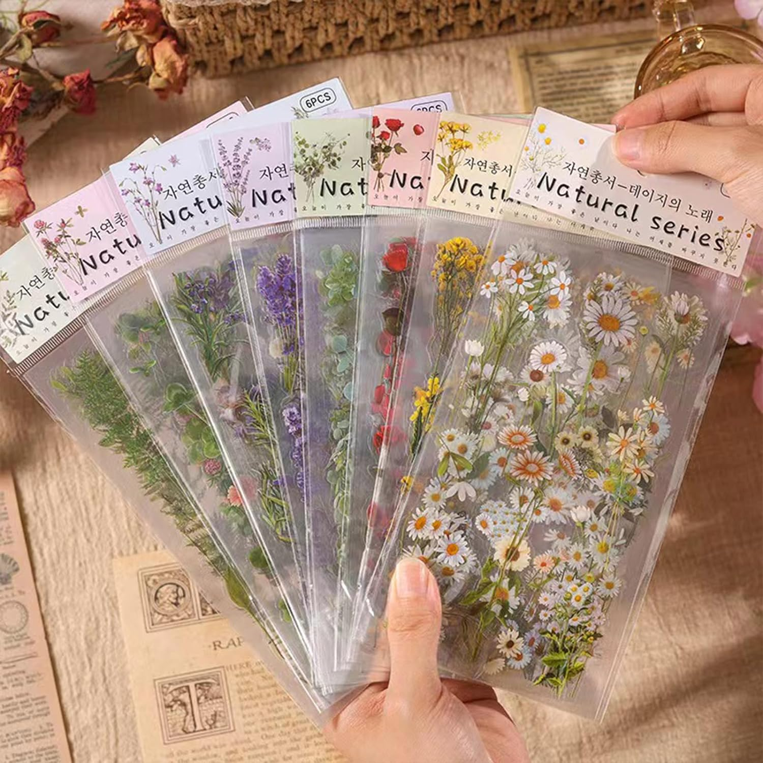 Scrapbooking Supplies Stickers (720Pcs /8Pack), Vintage PET Transparent Decorative Pretty Retro Floral Stickers Set, Self-Adhesive Flowers Daisy Nature Themes Stickers for DIY Art Journaling Crafts image number 4