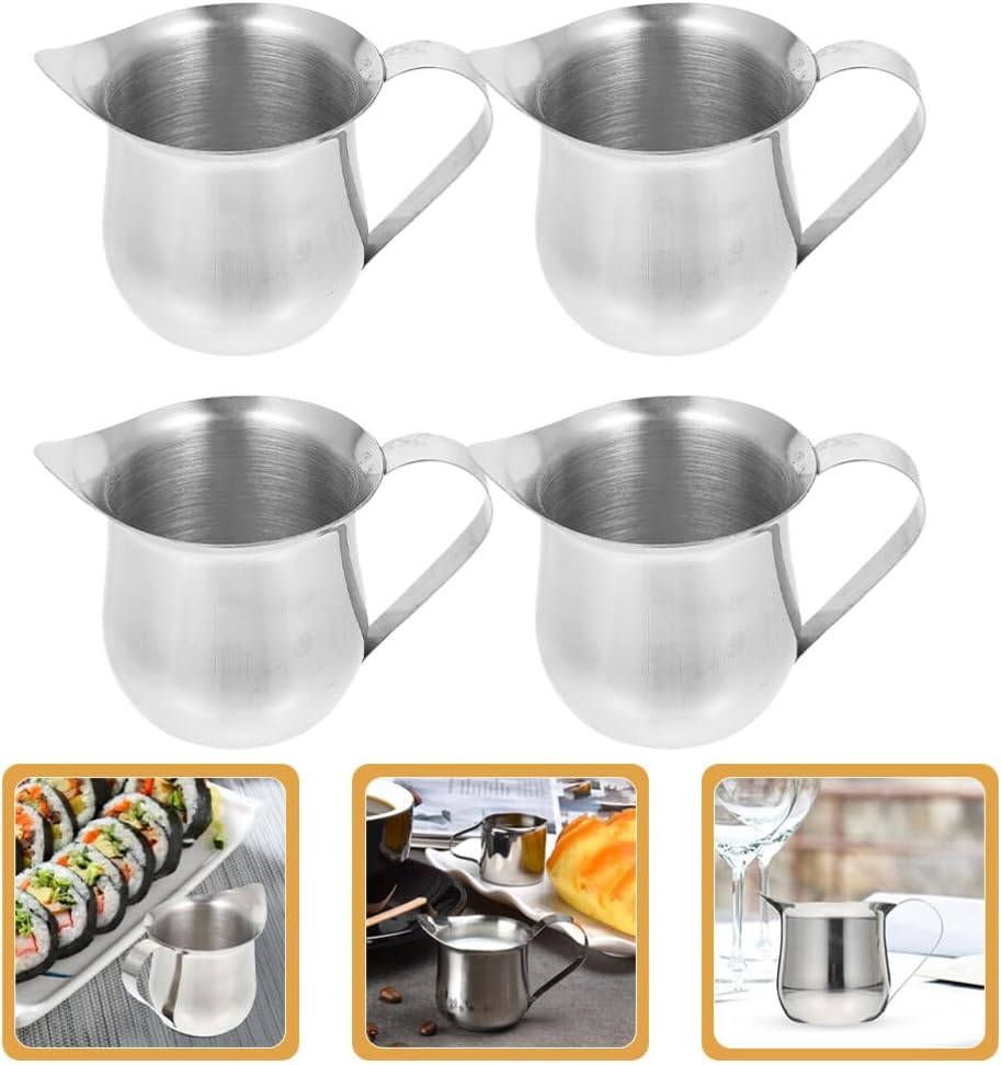 Amosfun 4Pcs Milk Frothing Pitcher 90Ml Coffee Creamer Pitcher Stainless Steel Espresso Pourer Metal Latte Cup Milk Steamer Jug Tea Serving Pot for Syrup Sauce
