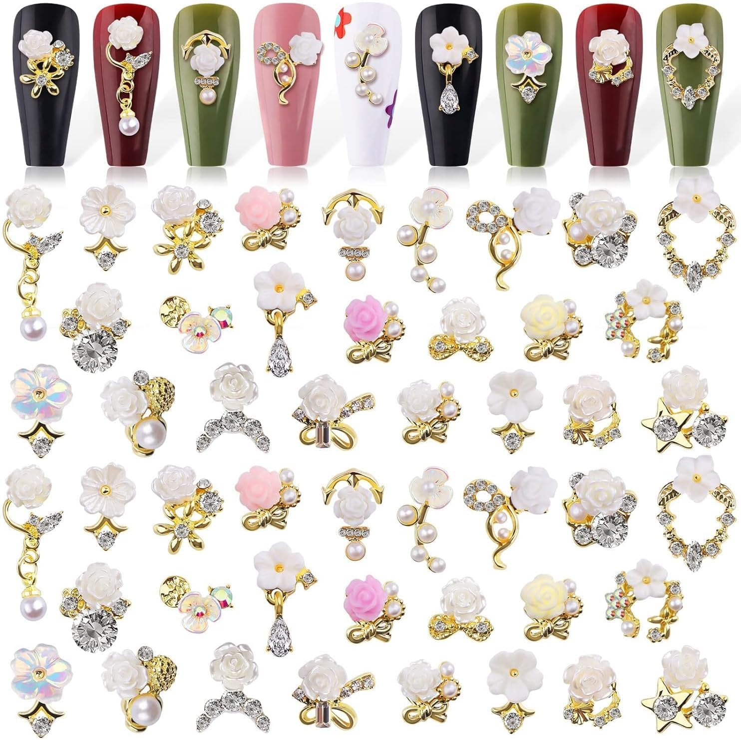 3D Flower Nail Charms Rhinestone, Kalolary White Flower Acrylic Nail Pendant Camellia Cherry Blossoms Nail Art Decorations for Spring Summer Nail Art Designs image number 2