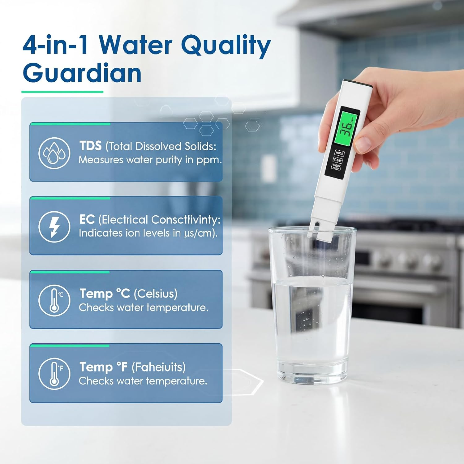 4 in 1 TDS Meter Digital Water Tester - Accurate and Reliable TDS EC & Temp(&deg;C,&deg;F) Meter - 0-9999Ppm - Professional Testing for Drinking Water, RO/DI System, Aquariums Etc image number 4
