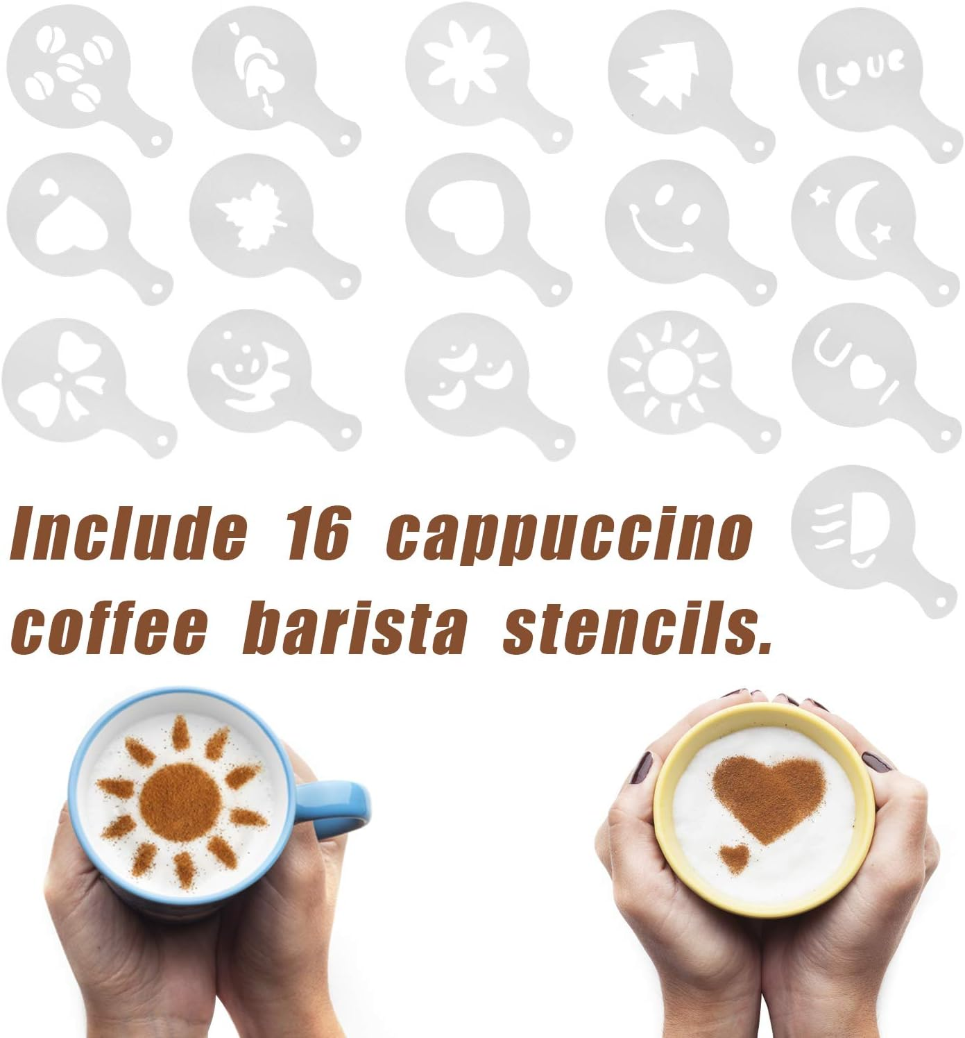 Mauts 2 Pack Chocolate Shaker Dusters Mesh Powder Shaker Shaker 16 Coffee Templates Set for Syrup,Cream,Powderedsugar,Cocoa,Cappuccino,For Kitchen,Drinks,Baking image number 2