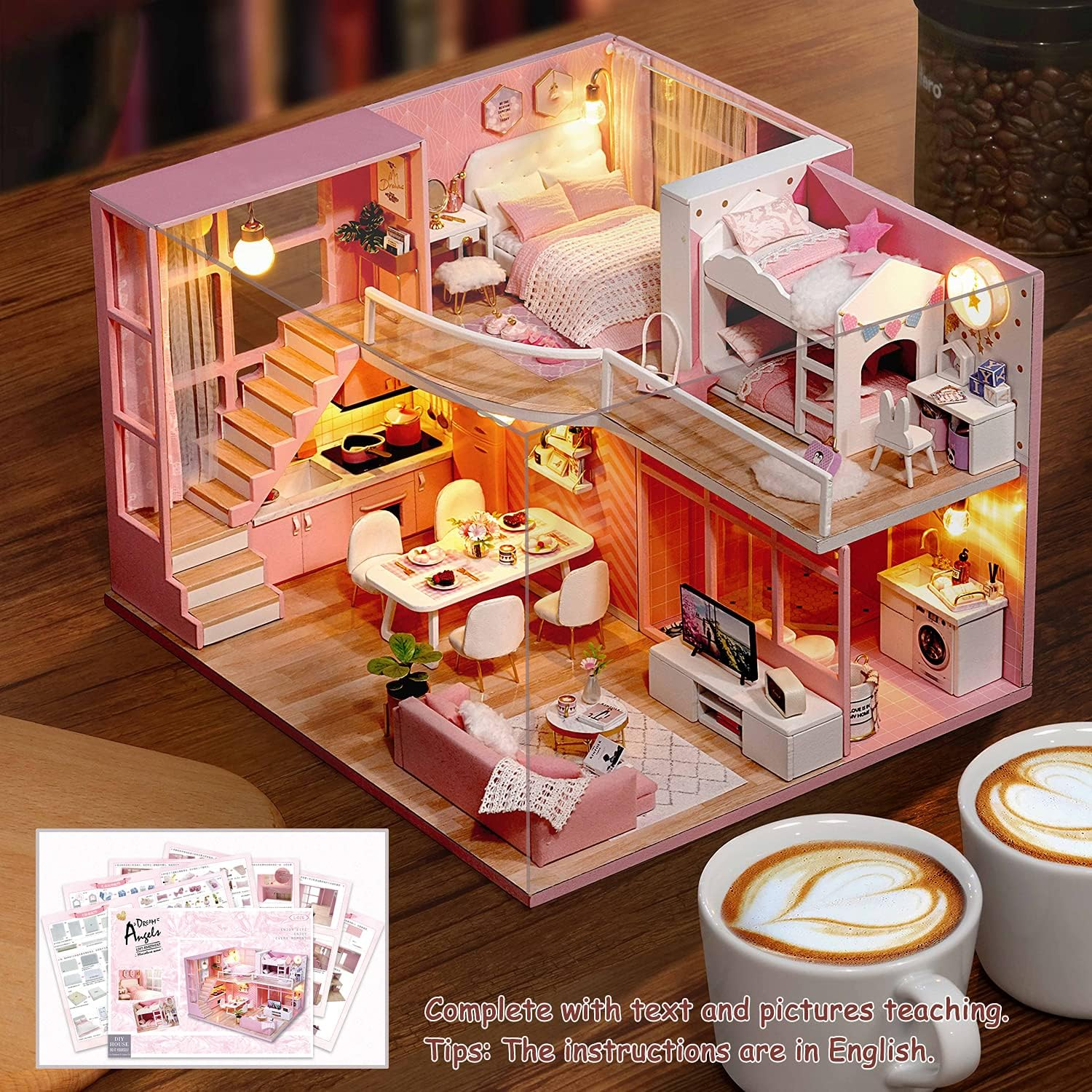 Tukiie DIY Miniature Dollhouse Kit with Furniture, 1:24 Scale Creative Room Mini Wooden Doll House Accessories plus Dust Proof & Music Movement for Kids Teens Adults(Dream Angels)