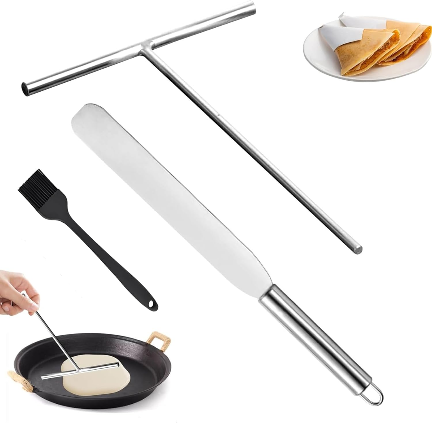 Set of 3 Crepe Distributors, Crepes Distributor and Spatula, Stainless Steel Crepe Turner, Dough Distributor, Crepes Spatula, T-Shape Crepe Maker Accessories for Home, Kitchen, Baking, Cooking, Baking image number 4