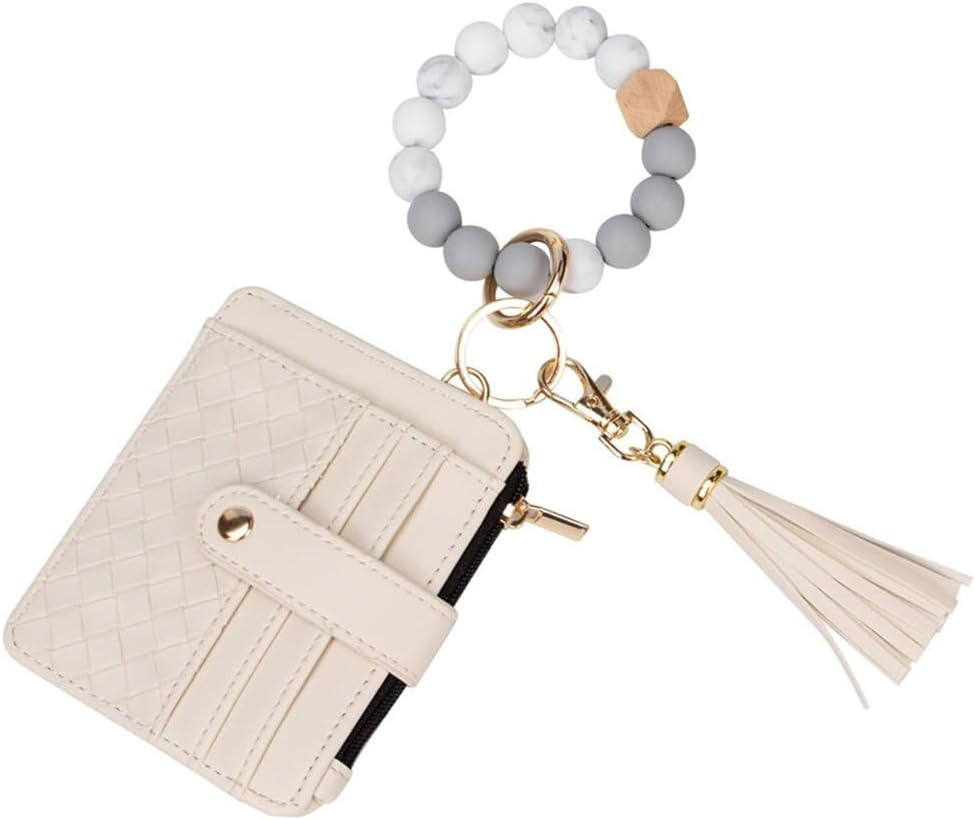 Wristlet Bracelet Keychain Credit Card Holder Purse,Rfid Blocking Zip Slim Wallet,Silicone Bead Tassel Key Ring for Women, Purple, One Size, Keychain Wallet with Bracelet