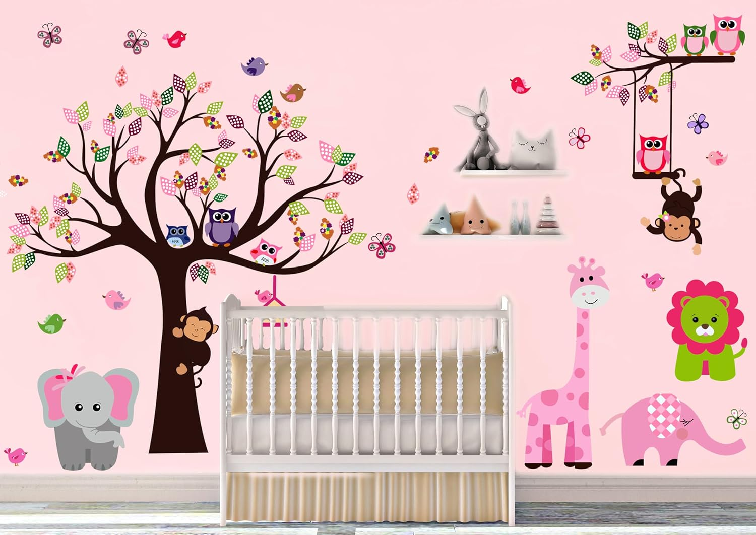 DEKOSH Pink Jungle Theme Girl Nursery Wall Decal Featuring Large Tree Owl and Butterflies Peel and Stick Wall Sticker Set for Kids Room D&eacute;cor image number 3
