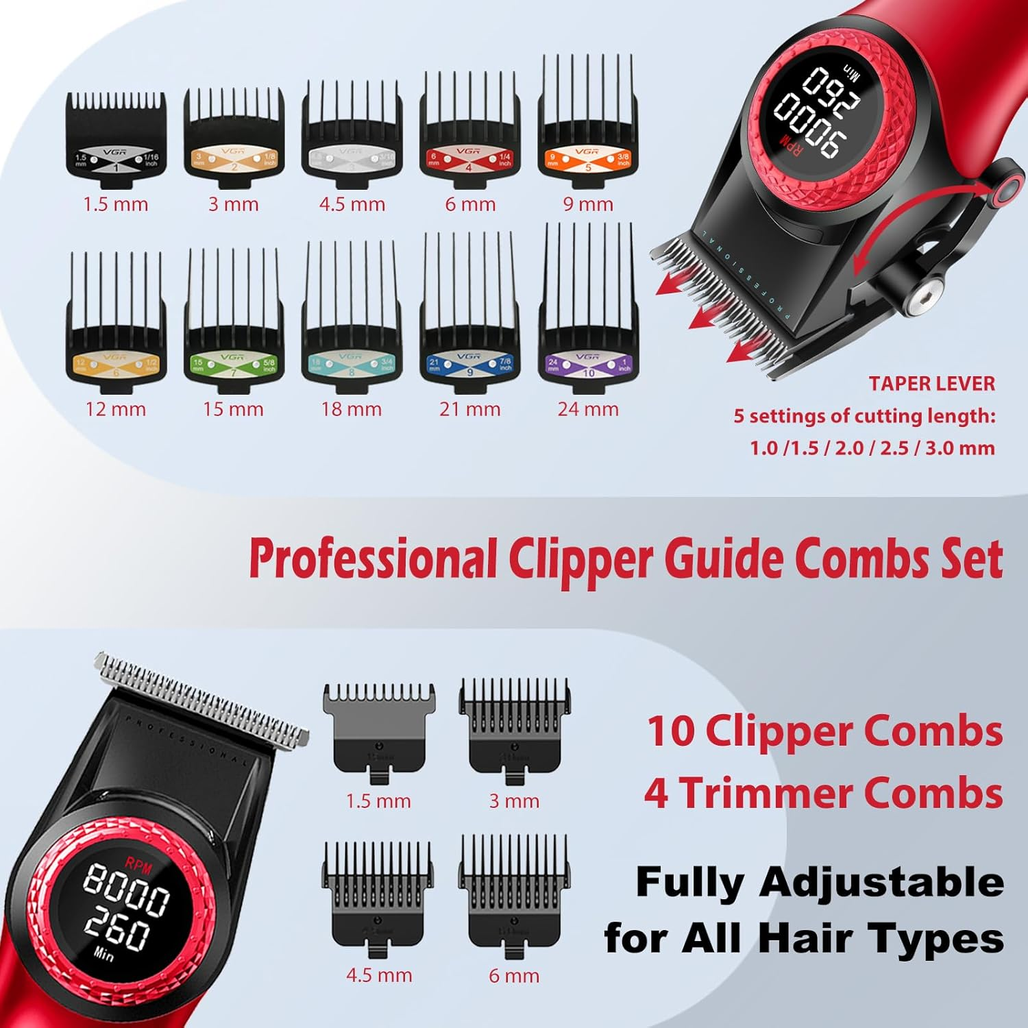 VGR 001 & 977 Professional Hair Trimmer for Men, Wireless Barber Hair Trimmer Set, Hair Cutting Set with DLC Coated Blades, USB Rechargeable Barber Set with Charging Base image number 5
