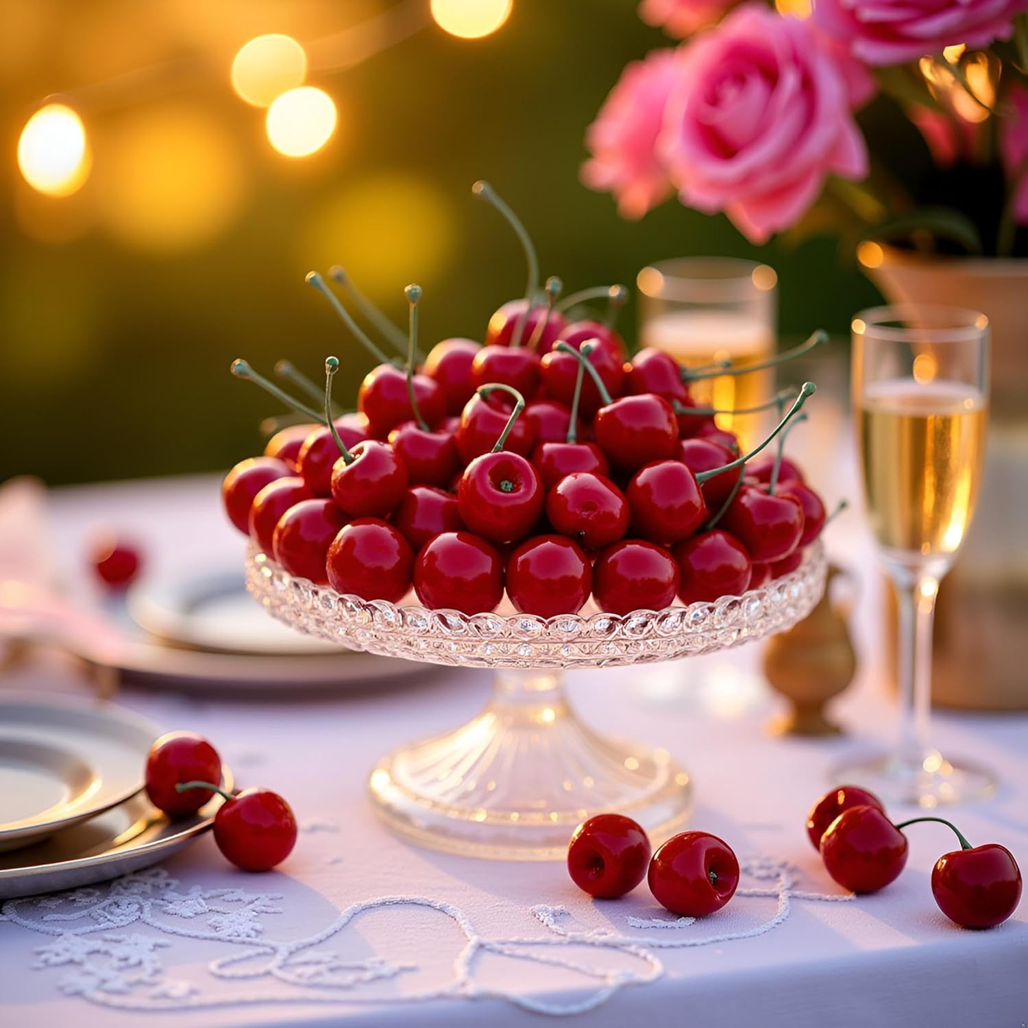 Squarezhenbo 20Pcs Red Artificial Cherries, Fake Cherry Model Lifelike Fruit Cherry Ornament, Fake Cherries,Plastic Cherries, Home Kitchen Party Decoration Desk Ornament Photography Prop Home D&eacute;cor image number 6