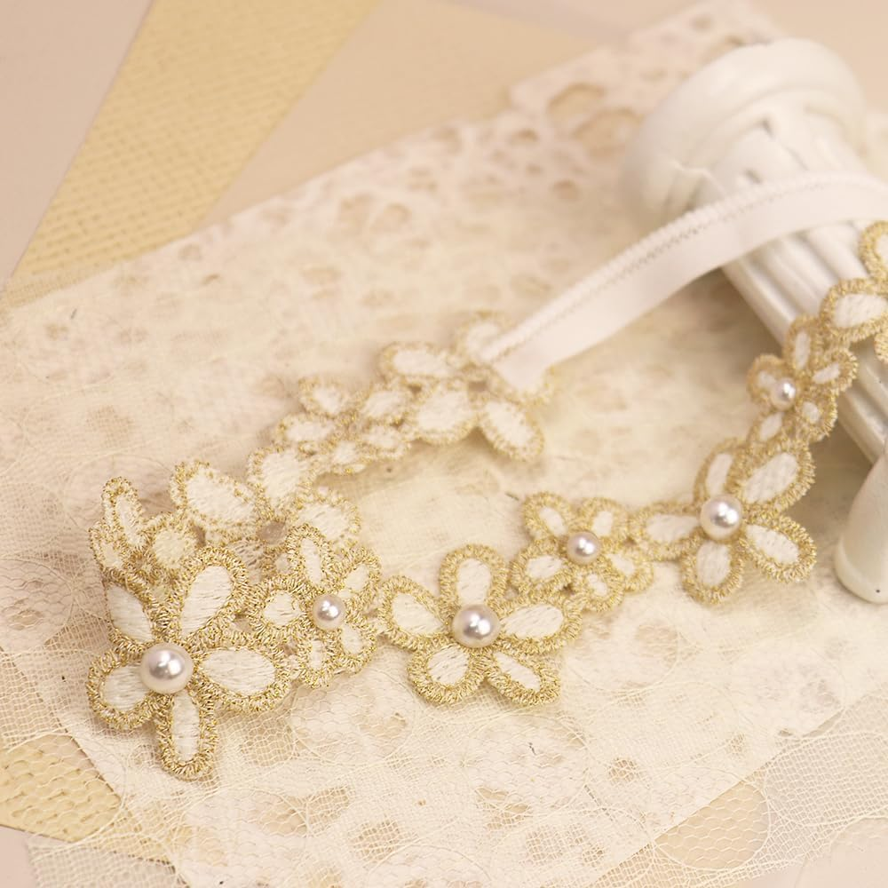 Baby Girl Gold Flower Lace Headband Toddler Elastic Floral Hair Band Newborn Infant Soft Lace Baptism Christening Hair Accessories for Birthday Party image number 6