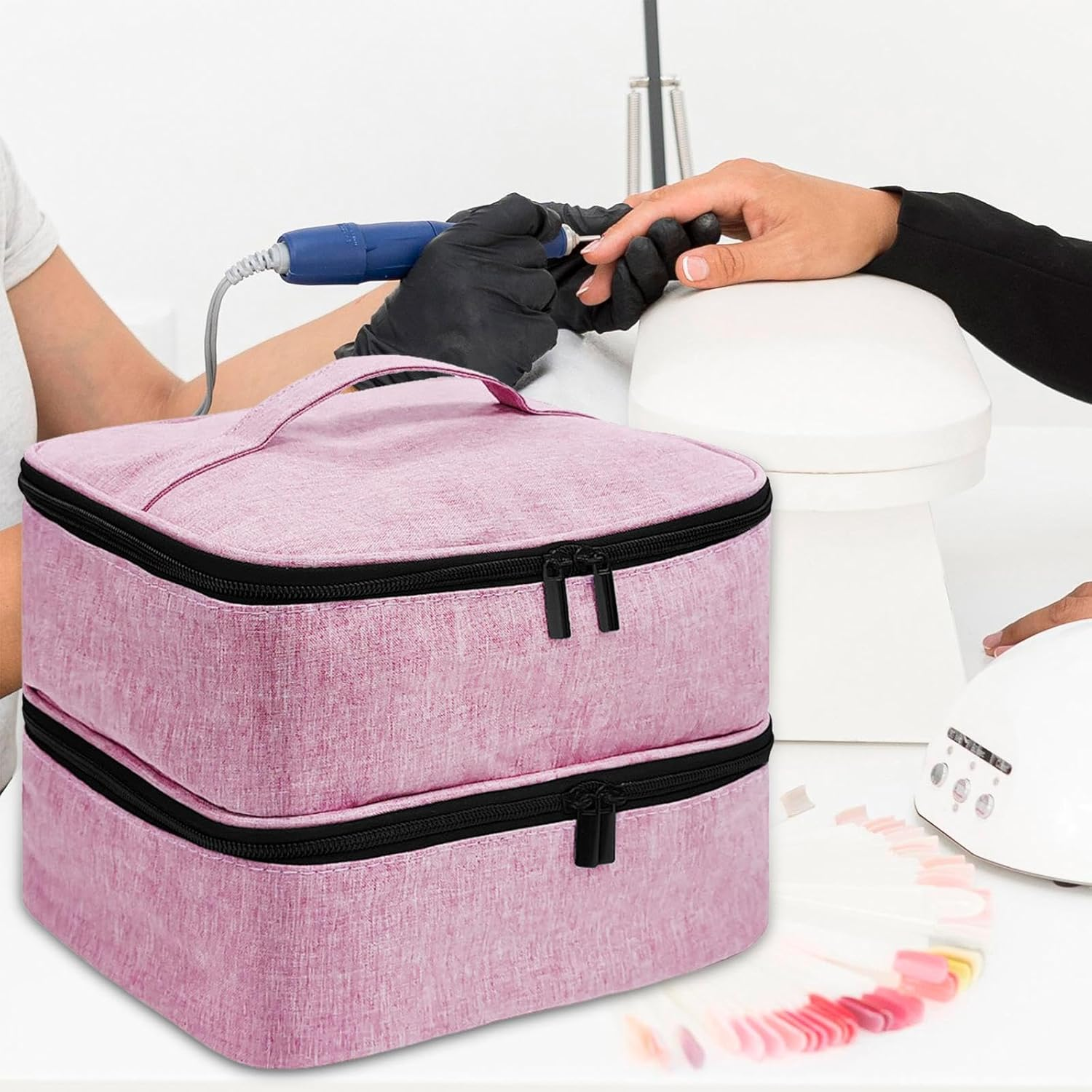 Eigell Carrying Tote Bag,Storage Bag Travel Nail Polish Organizer Case Zipper Pocket for Makeup,Nail Lamp,Nail Polish Kits,Gel Nails, Pink