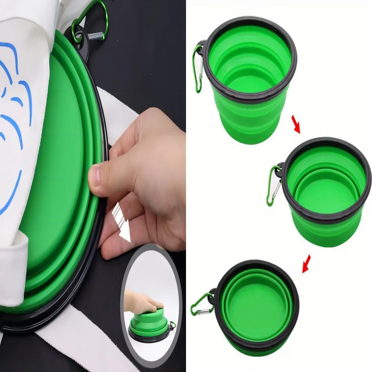 Pack of 2 Foldable Dog Bowls, 350 Ml Foldable Dog Travel Bowls, Portable Dog Water Food Bowl with Closure, Pet Cat Food Cup for Travel, Hiking (Blue and Green)