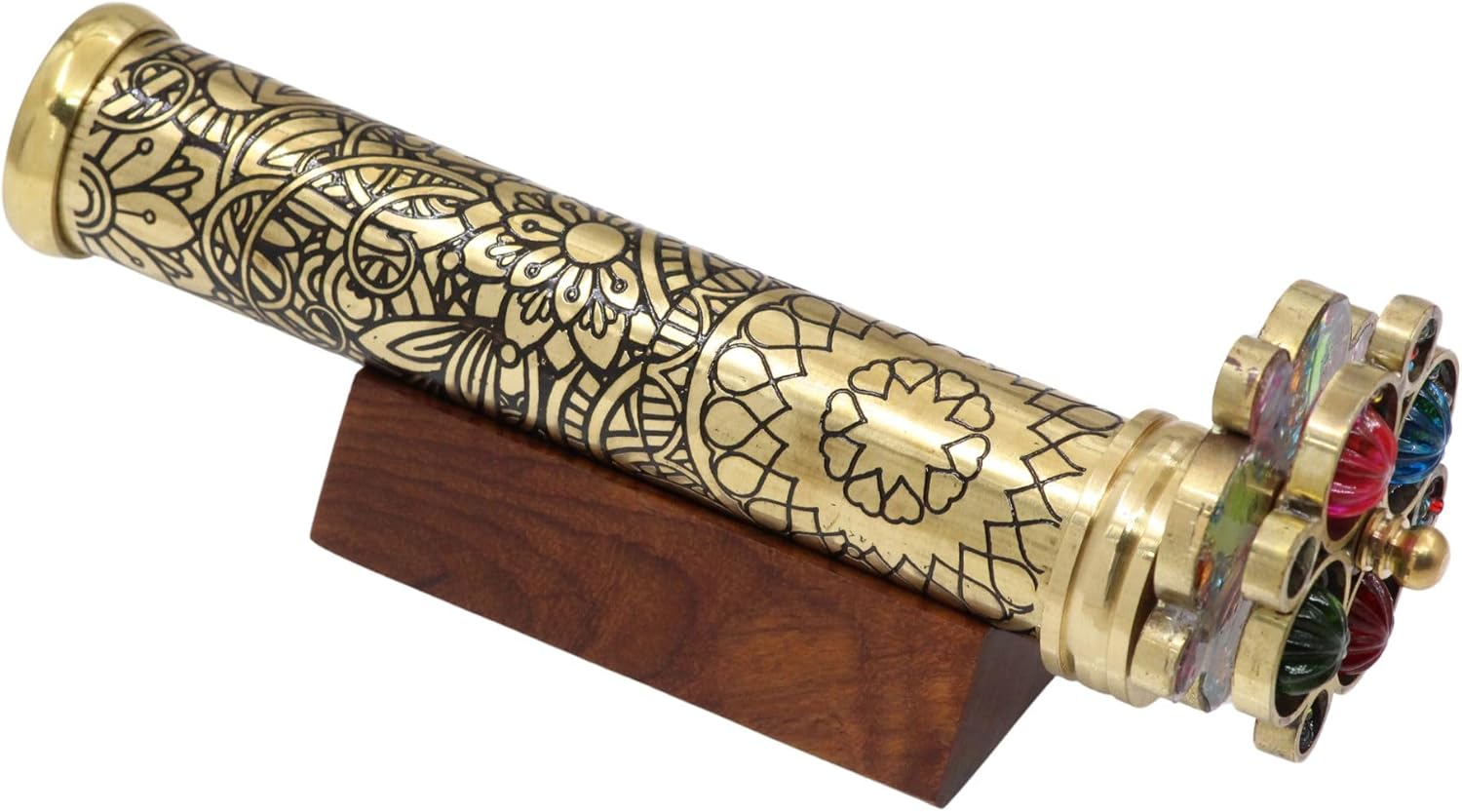 ROORKEE INSTRUMENTS (INDIA) a NAUTICAL REPRODUCTION HOUSE Handcrafted Etched Floral Pattern Lacquered Brass Kaleidoscope Includes Two Separate Turning Wheels, Hardwood Base - 7&rdquo;X1.25&rdquo; - All Ages image number 6