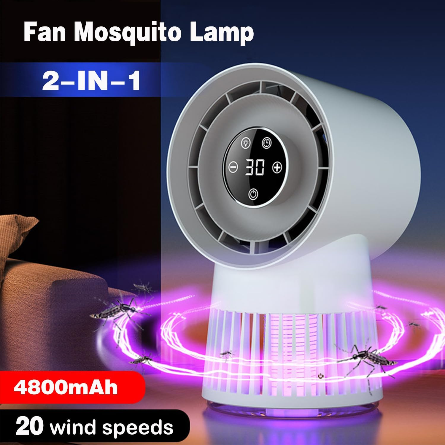 Bladeless Electric Bug Zapper Fan, 8H Timer, 20-Speed, 4.8AH, 2-In-1 Mosquito Zappers Fan, Portable Rechargeable Desk Bug Zapper Fan for Patio/Backyard/Bedroom image number 6