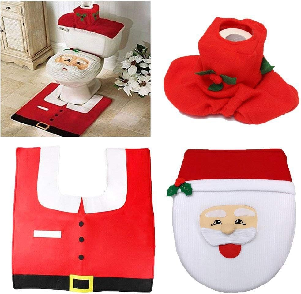 Toilet Seat Cover and Rug Set with 3D Nose Santa Claus Tank Lid Cover, Floor Rug Mat and Tissue Box Cover for Christmas Bathroom Decoration - Set of 3 image number 3