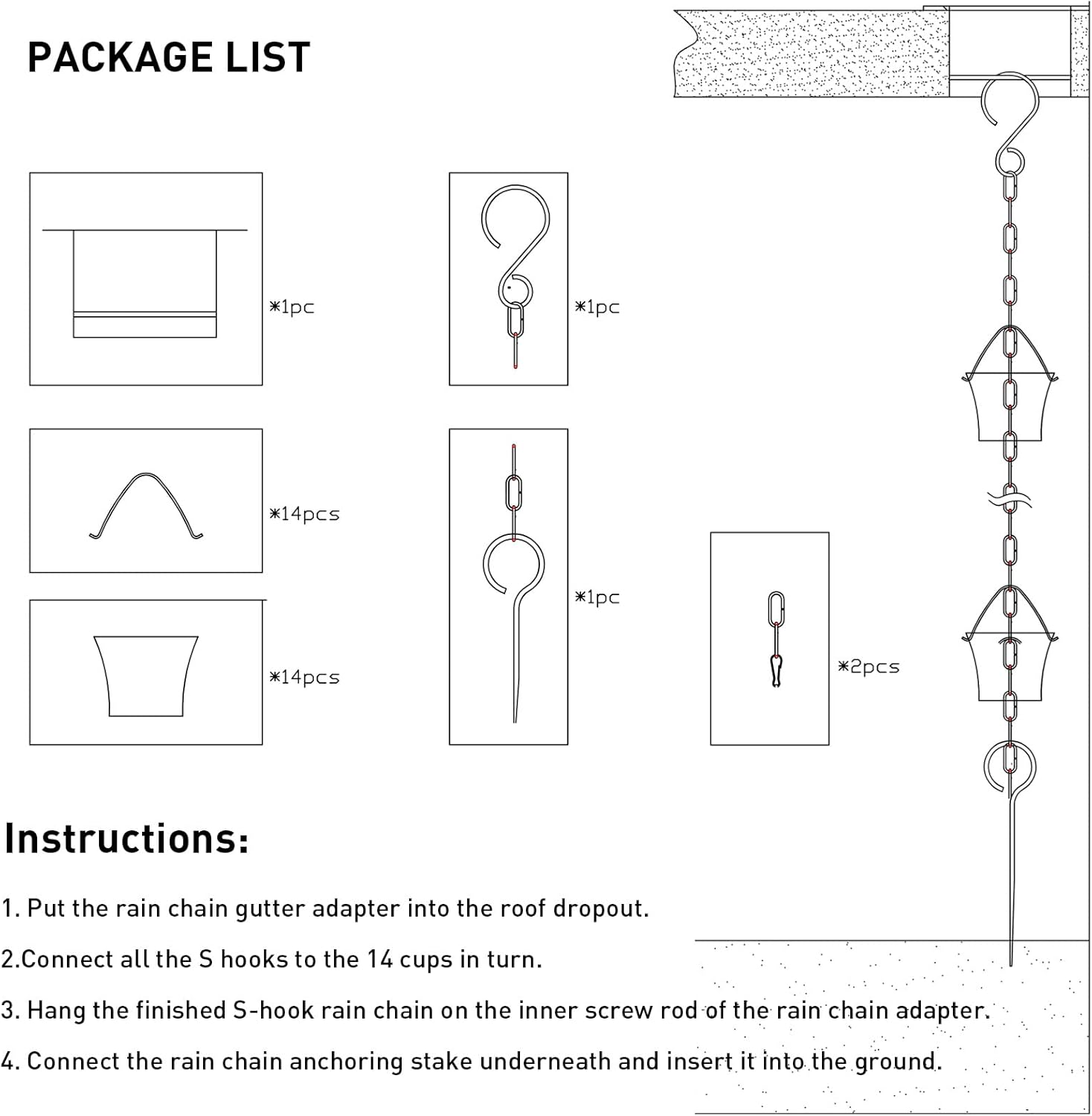 Rain Chain Set 8.5 Ft,Not Rust Wrought Iron Rain Chains for Gutters with Adapter Gotta Drain and Anchoring Stake, 14 Cups, 1 Hook, Adjustable Length for Garden Decorative (Coffee) image number 1