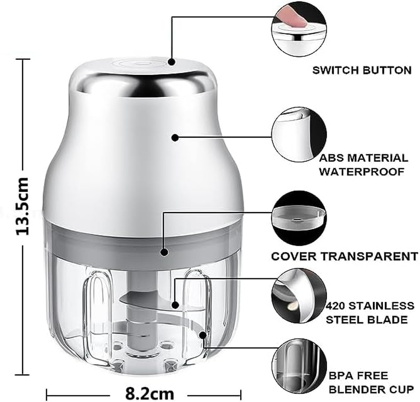 Electric Garlic Chopper, 250ML Mini Portable Garlic Crusher, Garlic Grinder Masher Onion Chopper, Blender to Vegetable, Wireless Food Processor for Ginger, Chili, Fruit, Meat, Etc image number 2