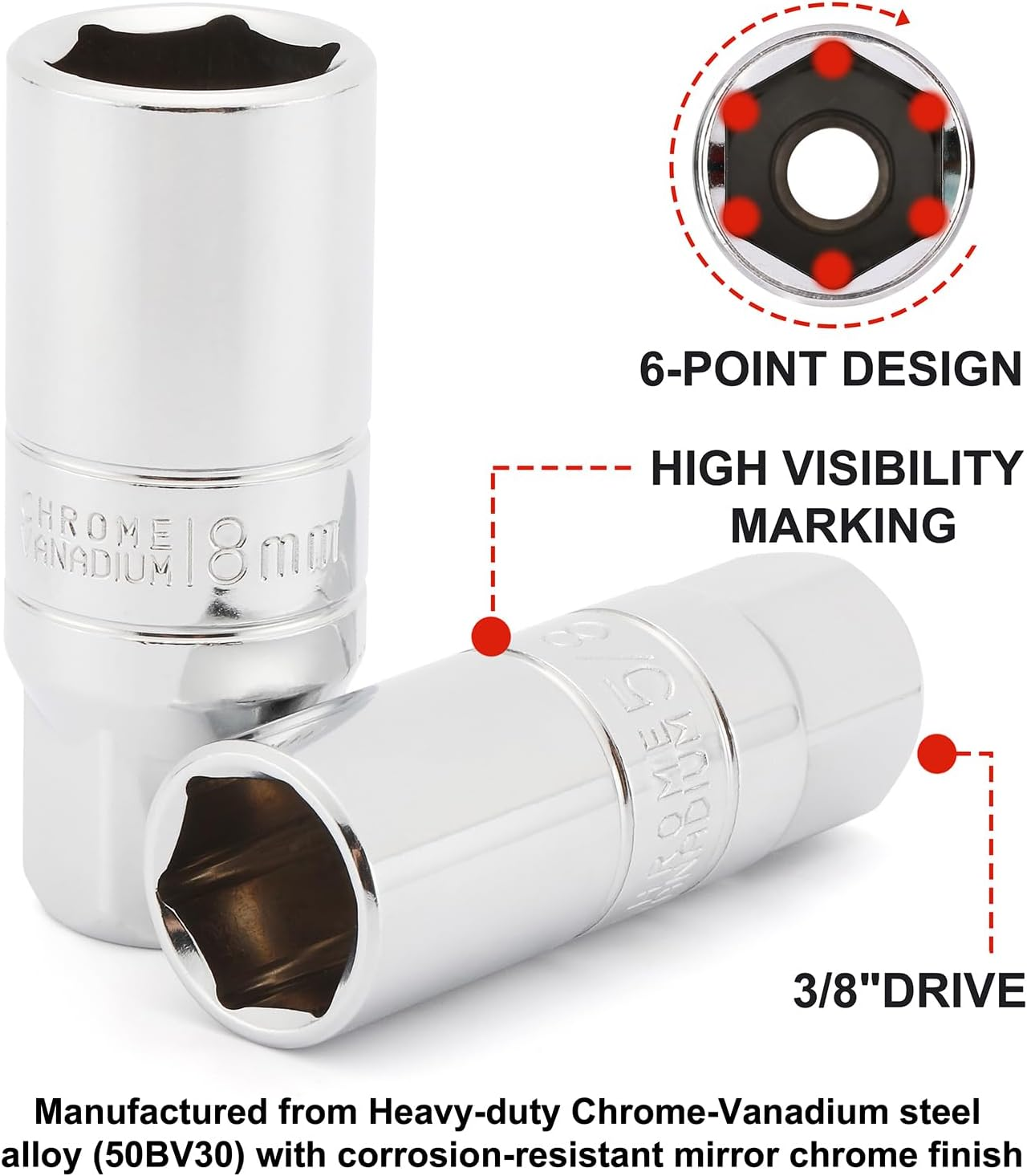 3/8-Inch Drive Spark Plug Socket Set, 6-Point, Include Extension Bar, Universal Joint & Spark Plug Gapper, 8Piece Set, CR-V Steel