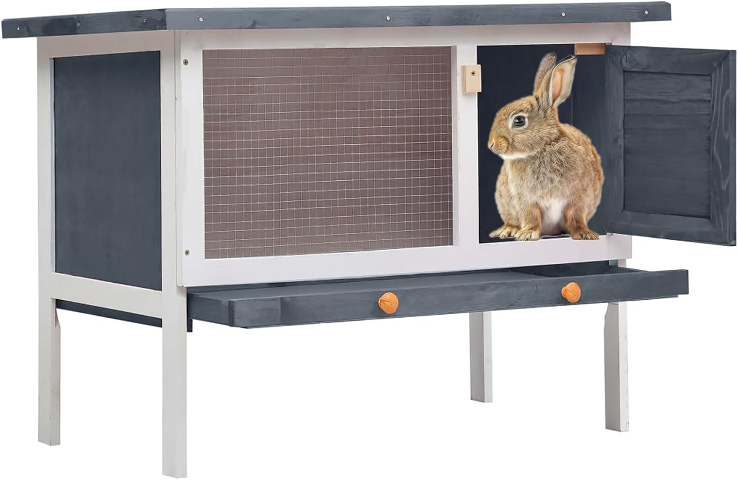 Elevated Wooden Rabbit Hutch, Indoor/Outdoor Bunny Cage with Weatherproof Green Asphalt Roof,Slide Bolt Latch and Removable Tray for Rubbit,Guinea Pig,Hamster (Grey, 90L X 45W X 65H)