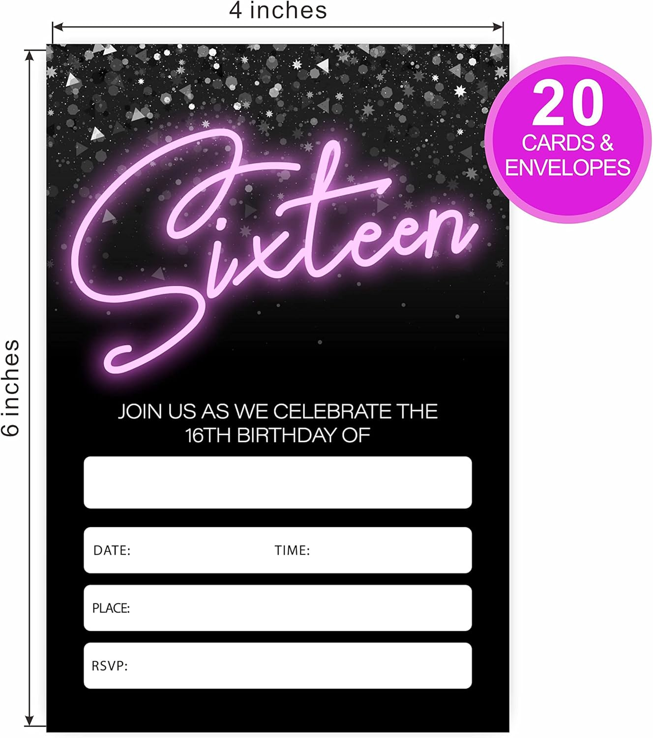 Neon 16Th Birthday Invitations, Glow Theme Birthday Party Invites Decorations, Kids Adults Birthday Party and Events Supplies, 20 Fill-In Invites Cards with Matching Envelopes（Yqk-023） image number 1