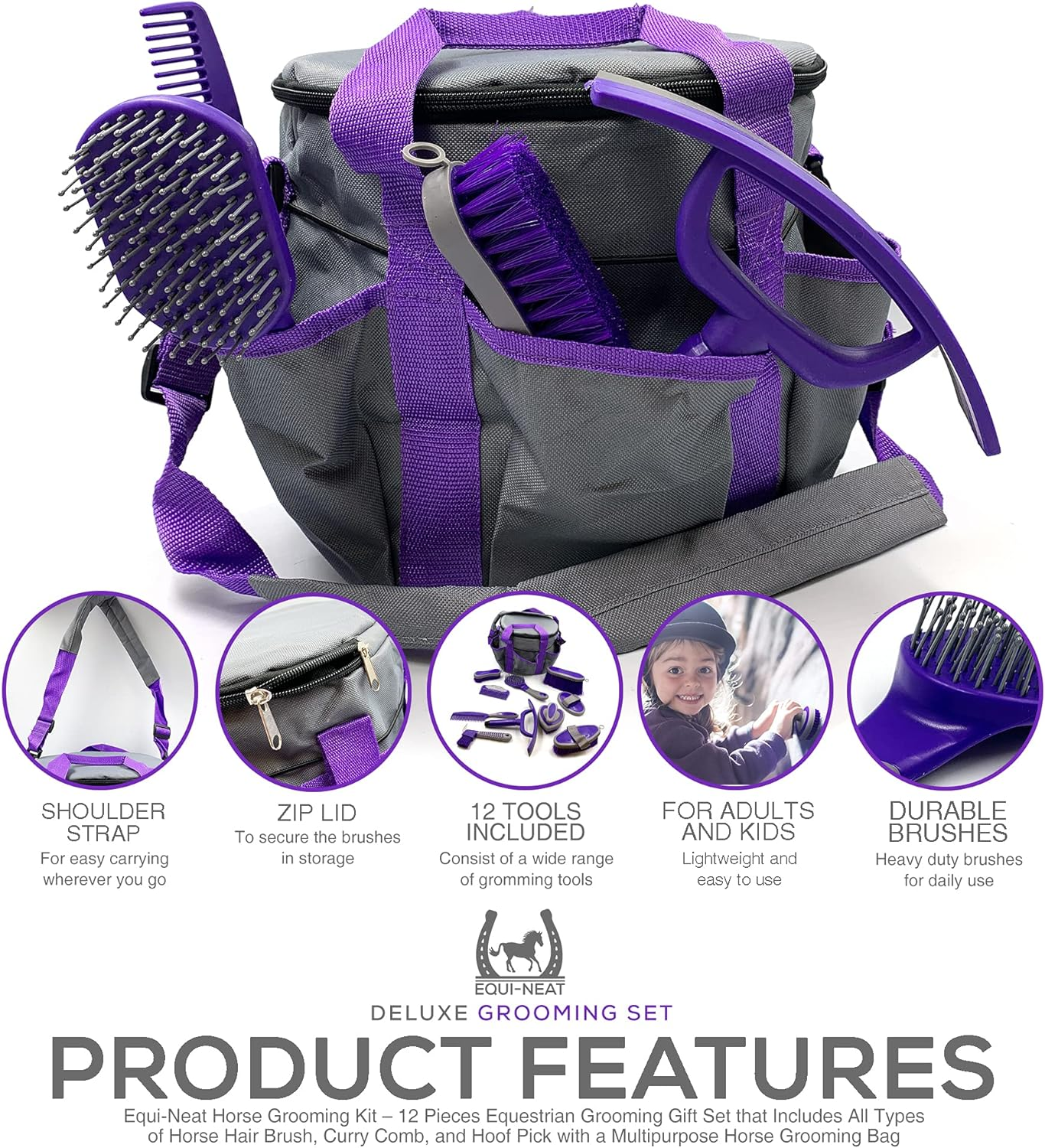 Horse Grooming Kit &ndash; 12 Pieces Equestrian Grooming Gift Set That Includes All Types of Horse Hair Brush, Curry Comb, and Hoof Pick with a Multipurpose Horse Grooming Bag