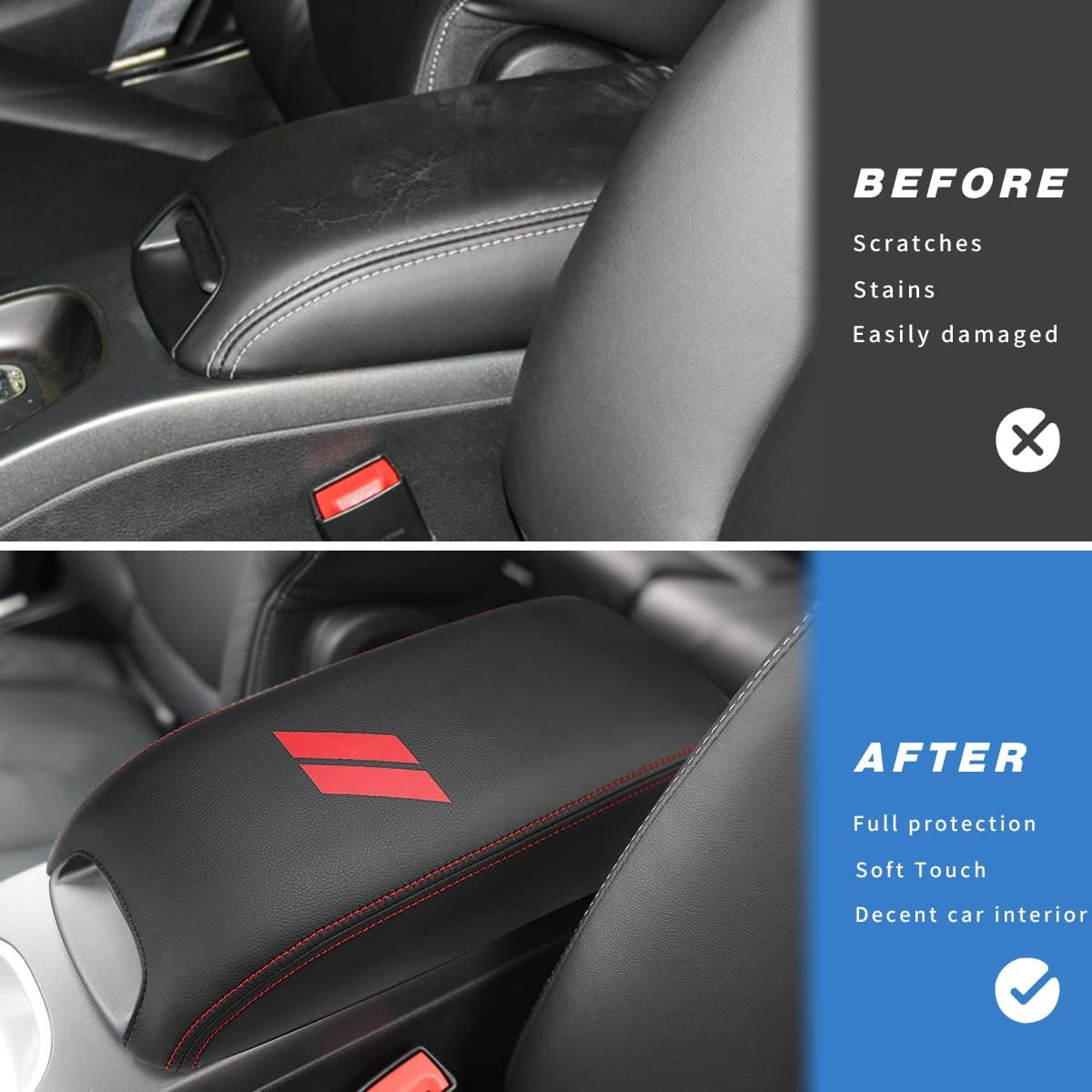 INTGET Center Console Cover for Dodge Journey 2011-2020 Middle Amrest Cover (Black Leather Red Stitches with Pattern)