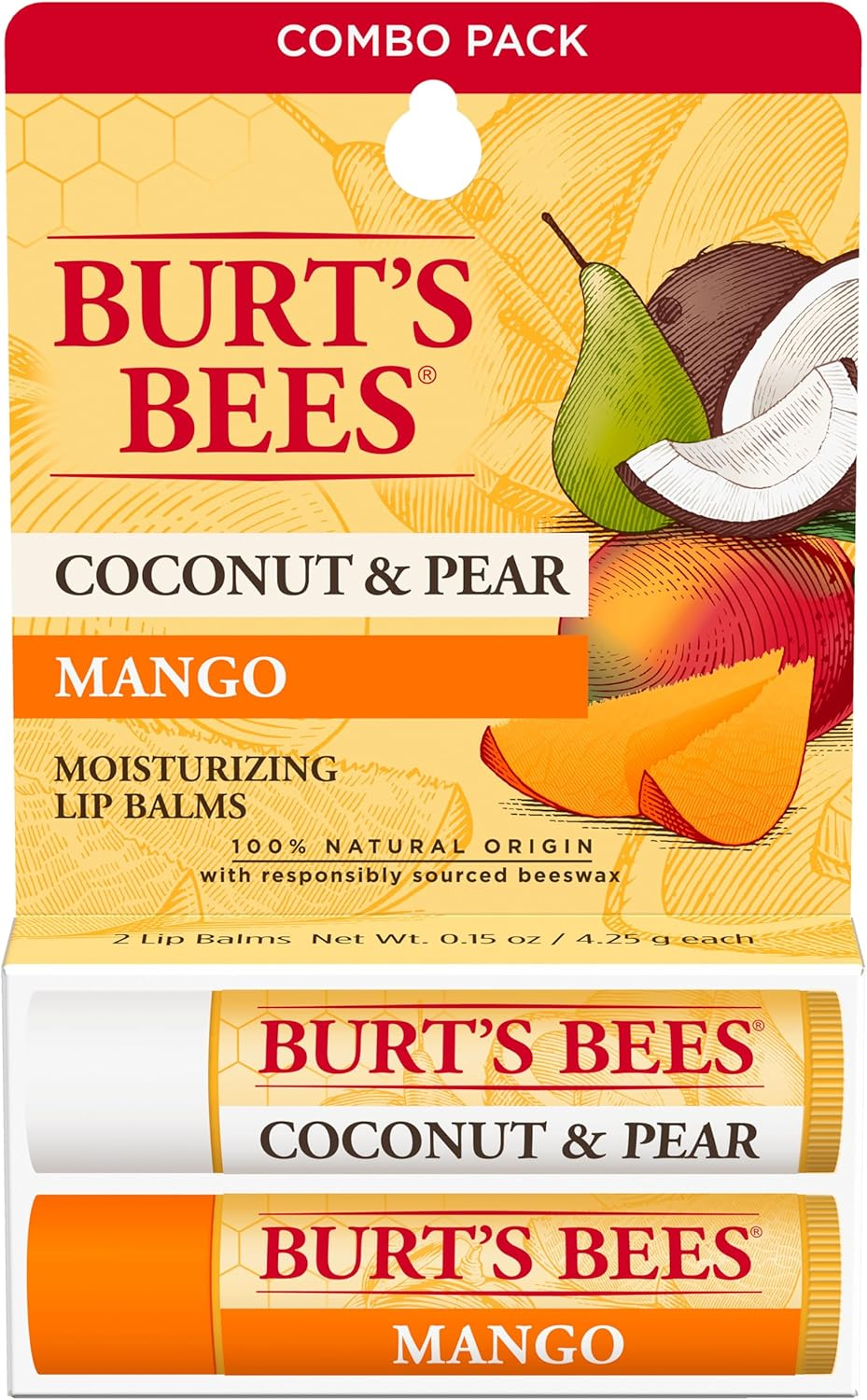 Burt'S Bees 100% Natural Origin Moisturising Lip Balm, Coconut & Pear and Mango, 2 Tubes image number 5