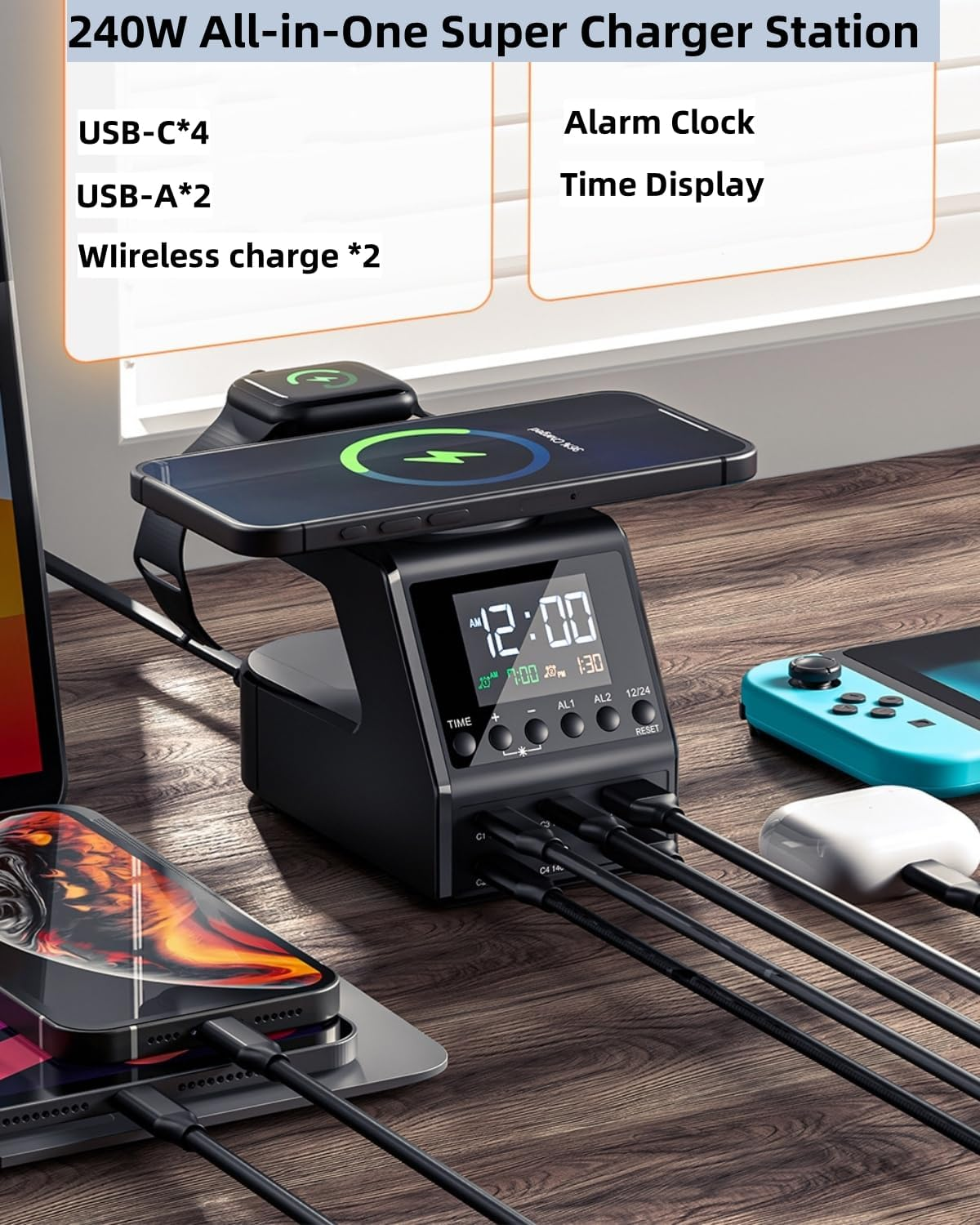 FOSION Multi USB C Charger Station 240W,10 In1 Gan Fast Charger with Digital Clock, 140W/100W/65W PD 3.1 QC 3.0 Fast Charging and 15W Wireless Charging for Macbook，Tablet, Iphone 15,Galaxy S24,Iwatch image number 2