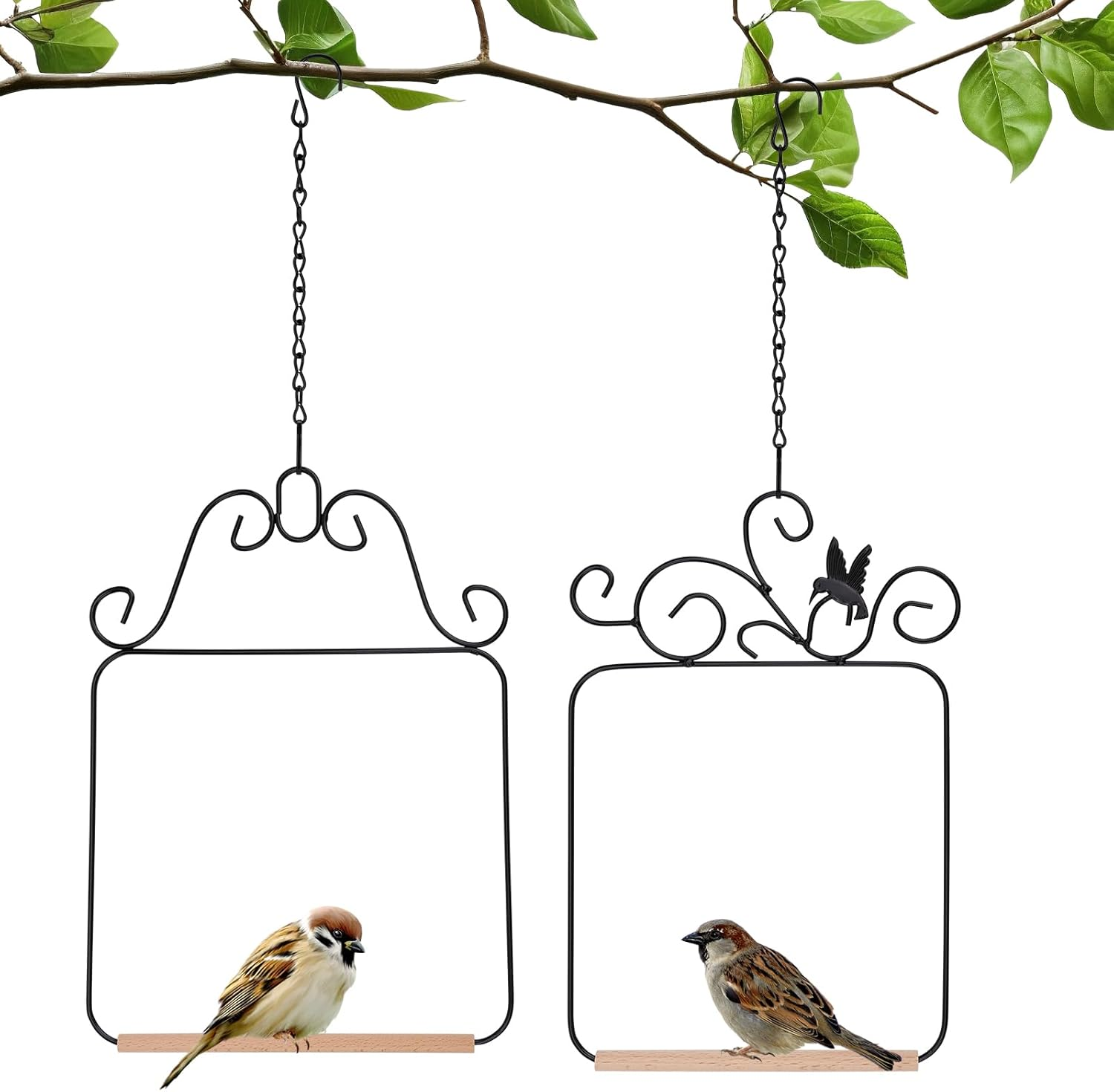 2PK Hummingbird Swings and Perches, Metal Frame Bird Swing with Wooden Dowels and Hanging Chains Bird Cage Accessories for Garden Patio Window Trunk Lawn Tree Branch Decoration (Black) image number 1