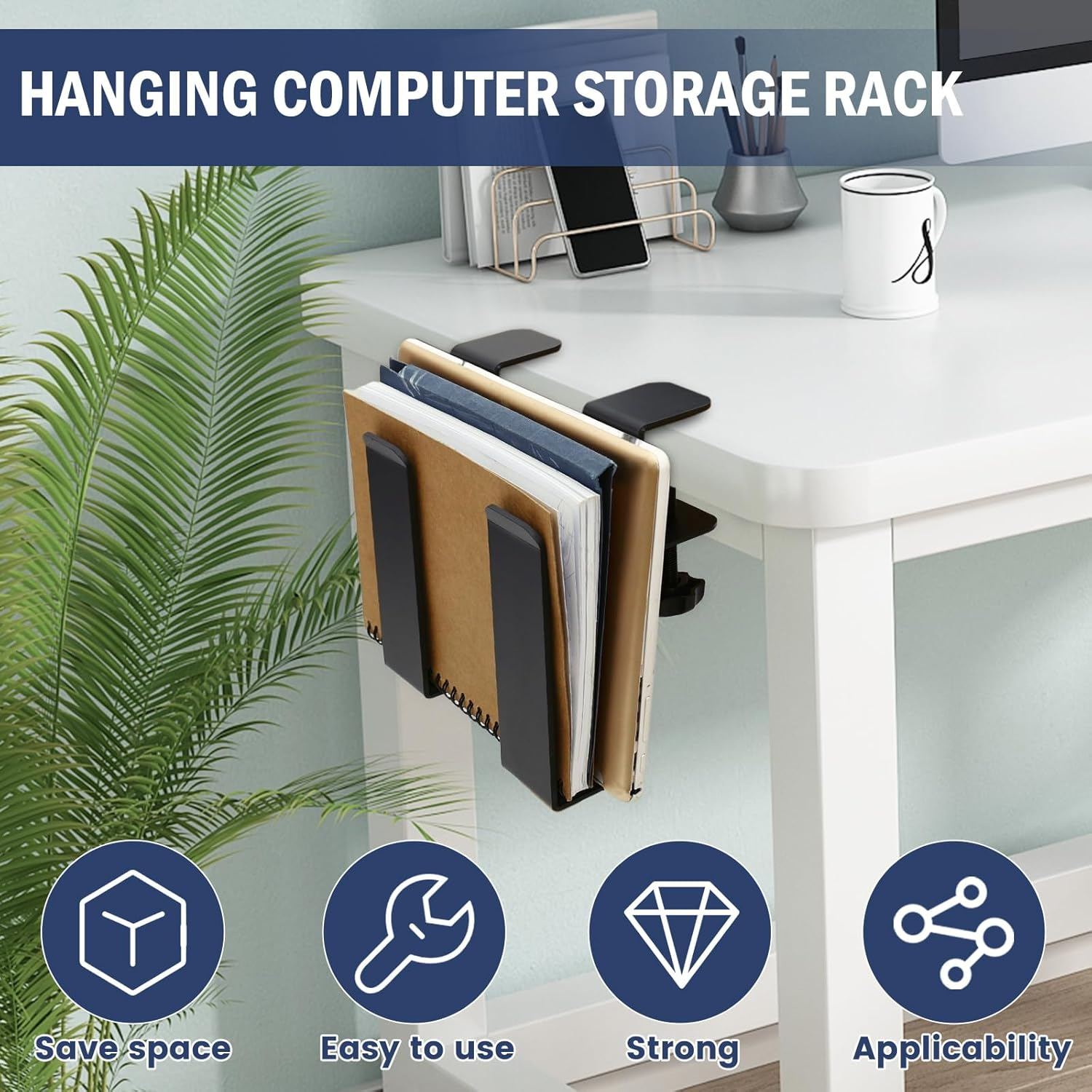 Firm Hanging Desk Side Laptop Mount, Metal Desk Side Storage Organizer, No Punch under Desk Laptop Holder Clamp for Office School Home image number 5