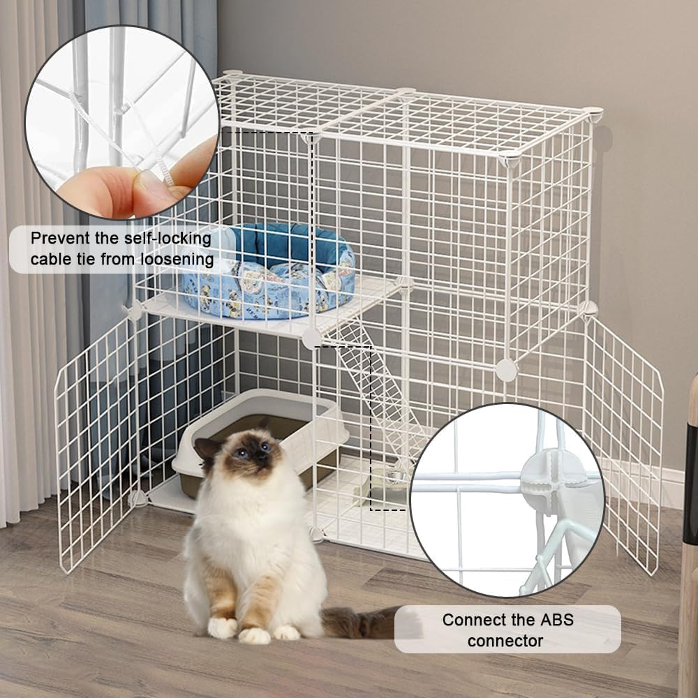 2 Tier Cat Cage Indoor, Detachable Metal DIY Pet Playpen, Portable Collapsible Pet Cat Cage, Animal Cage Wire Cage Indoor, 75 * 73 * 39 Cm, White image number 3