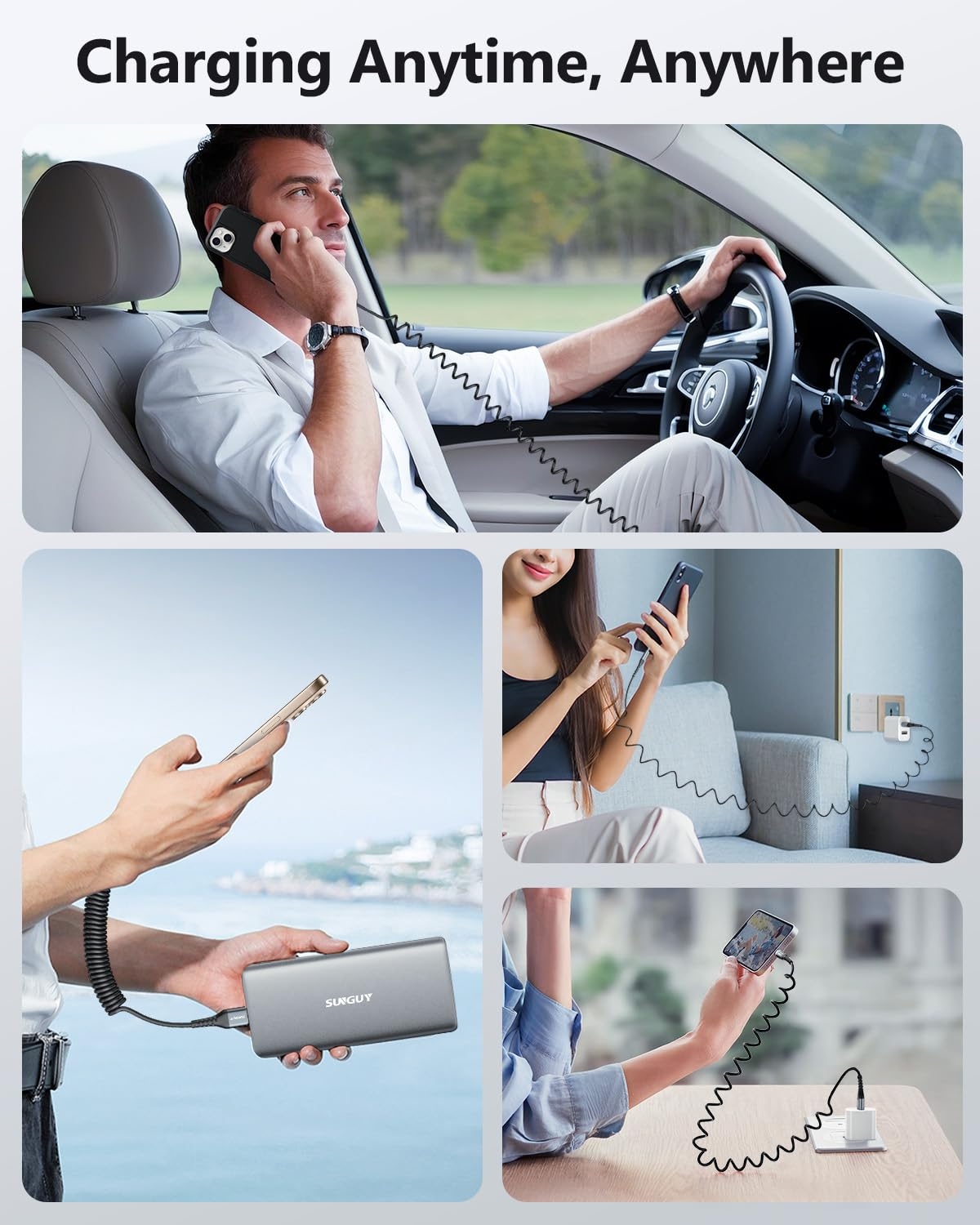 SUNGUY Coiled USB C Cable, 1Pack 1.5M【Recommended Stretch Length: 0.4-1M】 USB to USB-C Cable and Data-Cable for Android Auto, Carplay, Iphone 17/16/15 Series, Galaxy S24 Ultra, Pixel, Xiaomi - Grey image number 4