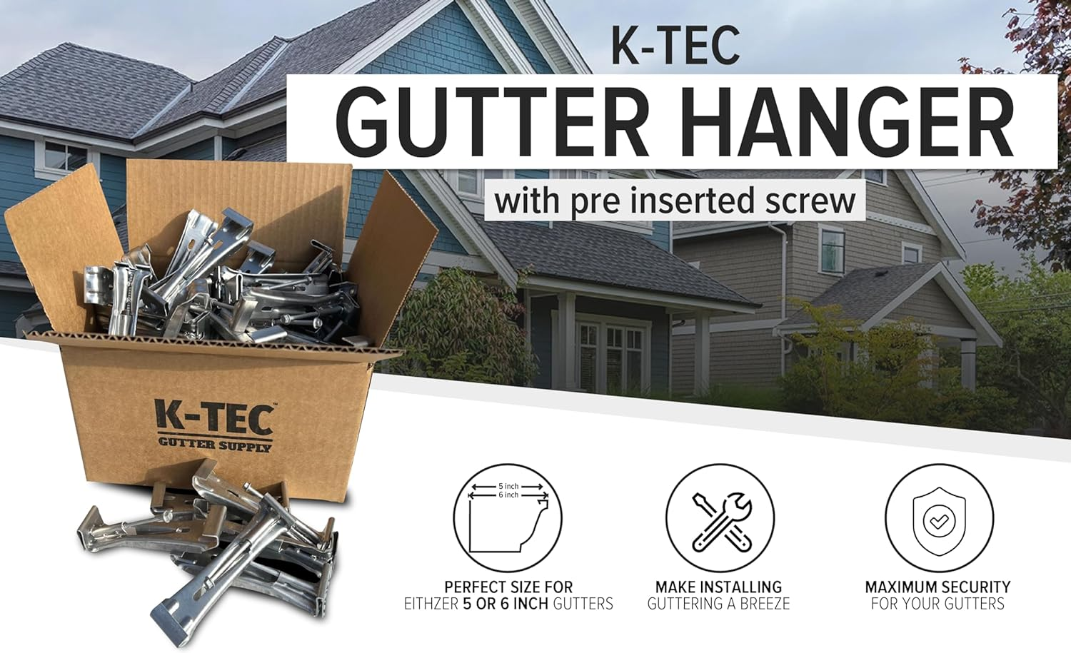 Hidden Gutter Hangers 5 Inch with a Pre-Inserted Rust Resistant Screw - Heavy Duty Rain Gutter Brackets Fastener with Clip for 5" K-Style Aluminum Gutters - Easily Repair Sagging Gutters - 50 Pack image number 3