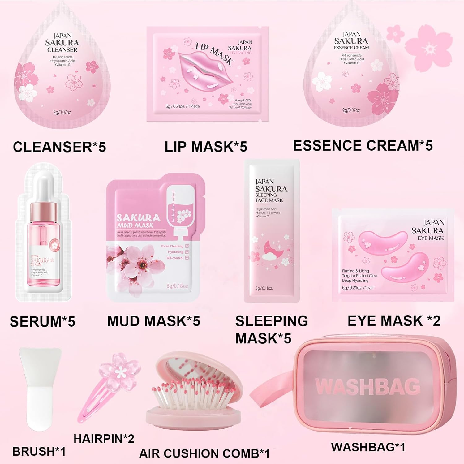 Sakura Skin Care Set for Teenage Girls, Facial Skincare Sets & Kits-Cleanser, Serum, Sleeping Mask, Mud Mask, Eye Mask, Face Cream, Perfectly for Hamper Baskets, Travel Skincare Set 37PCS image number 5