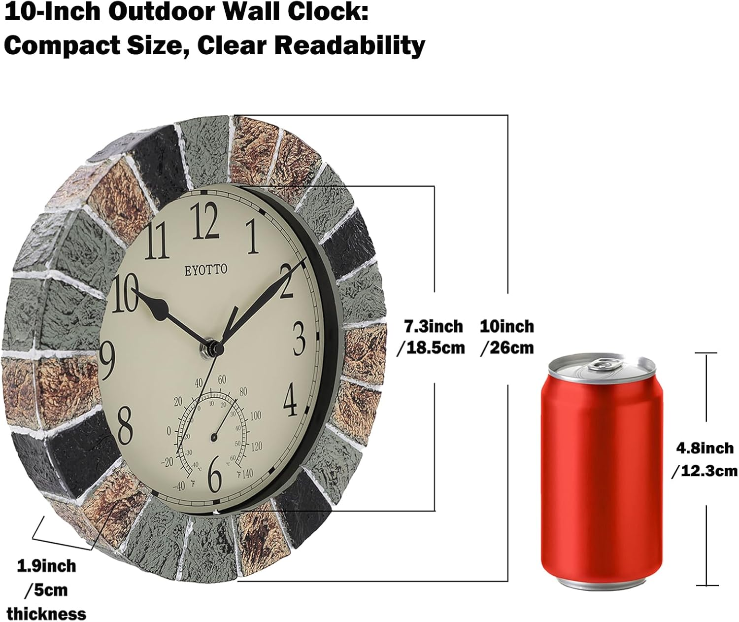 Eyotto 10 Inch Indoor/Outdoor Waterproof Wall Clock with Thermometer Silent Non-Ticking Battery Operated Wall Clocks Weatherproof for Patio, Pool, Garden, Lanai, Fence, Porch, Deck, Bathroom image number 5