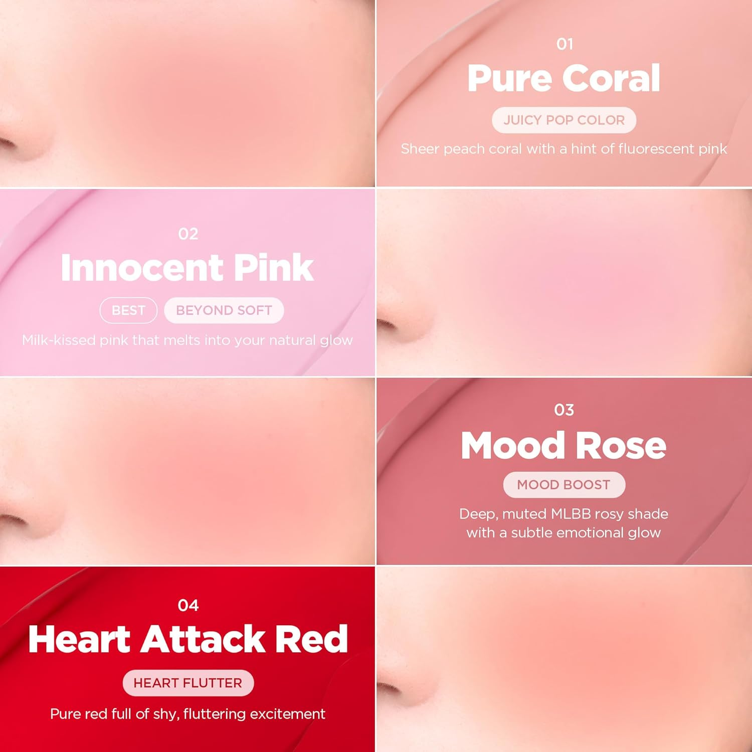 Lilybyred Luv Beam Cheek Balm | Heart-Shaped Korean Cream Blush, Semi-Matte Finish, Long-Lasting, Blendable & Buildable, Soft Creamy Texture, Lightweight, Natural Flush, 0.12 Oz. (06 Fluffy Peach) - 01 Pure Coral image number 5