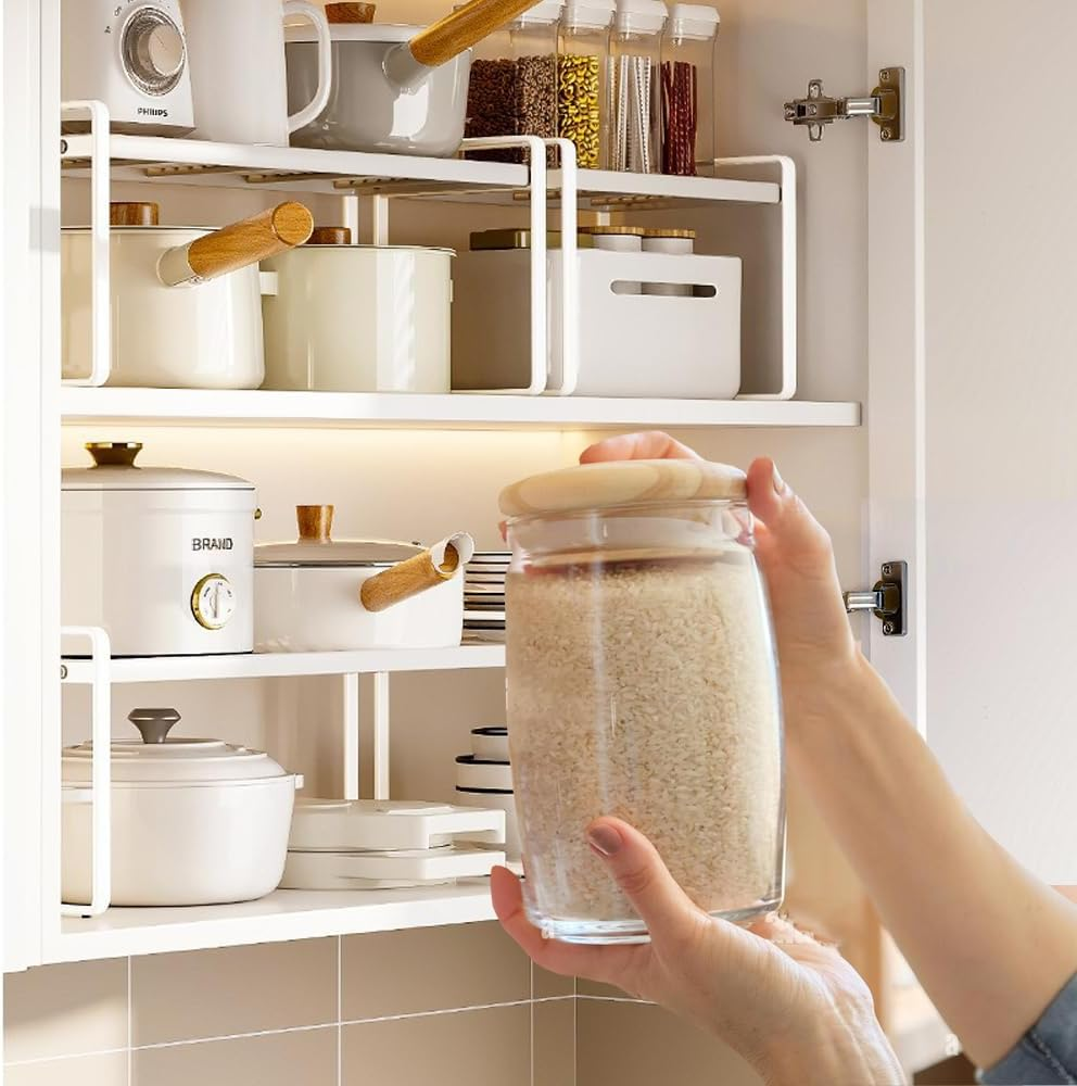 Kitchen Cabinet Organiser, Shelf Insert with Non-Slip Mat, Kitchen Cabinet Insert, for Kitchen/Bathroom/Tabletop/Sideboard (White) - White image number 2