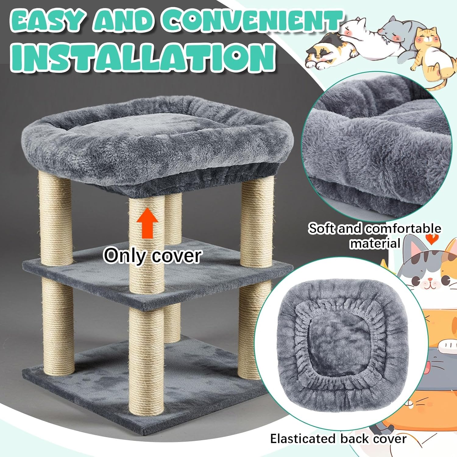 Abbylike 2 Pcs Cat Tree Tower Replacement Parts Grey Bed Cover with Elastic Band Removable Washable Padding for Platform Perch Shelves, Only Cover, Cat Tower Cushions Accessories(15.7 X 11.8 Inch)