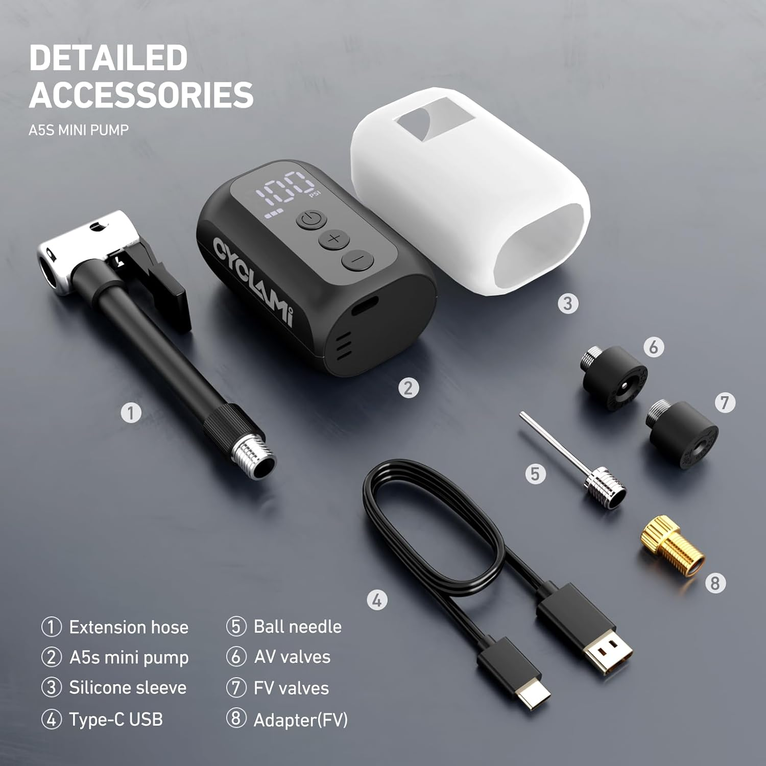 A5S Mini Tiny Bike Pump with Gauge, 100PSI Electric Bicycle Air Pump, Auto Stop, Presta and Schrader Valve Aluminium Portable Tire Inflator for All Bike, Motorcycle, Type-C Rechargeable