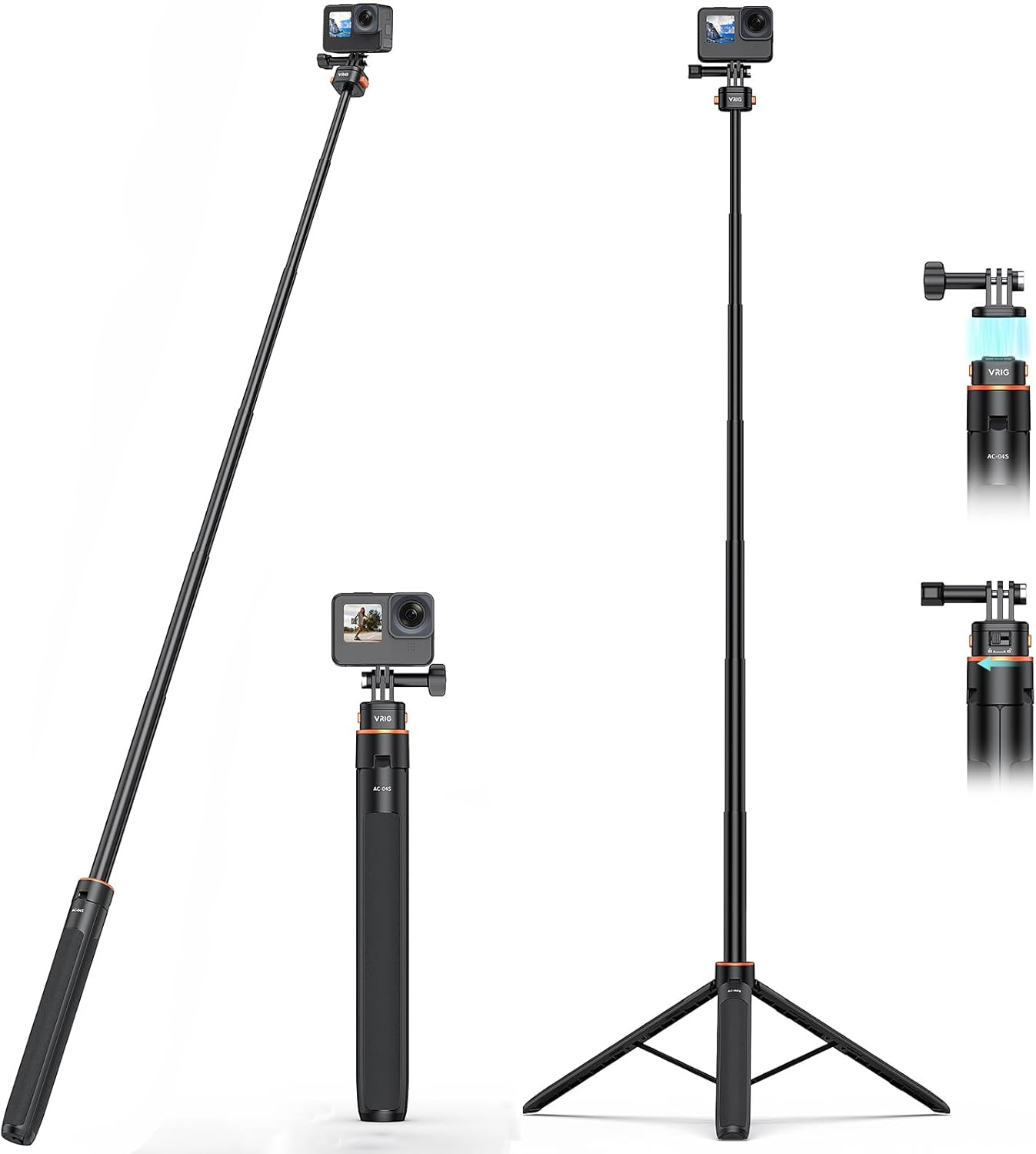 VRIG 160 Cm Tripod for Action Camera, AC-04S Camera Tripod with Magnetic Quick Release Head, Selfie Stick Tripod, Camera Tripod with Go Pro 13/12/11/10/9, DJI Action 5 Pro/ 3/2 and Insta 360