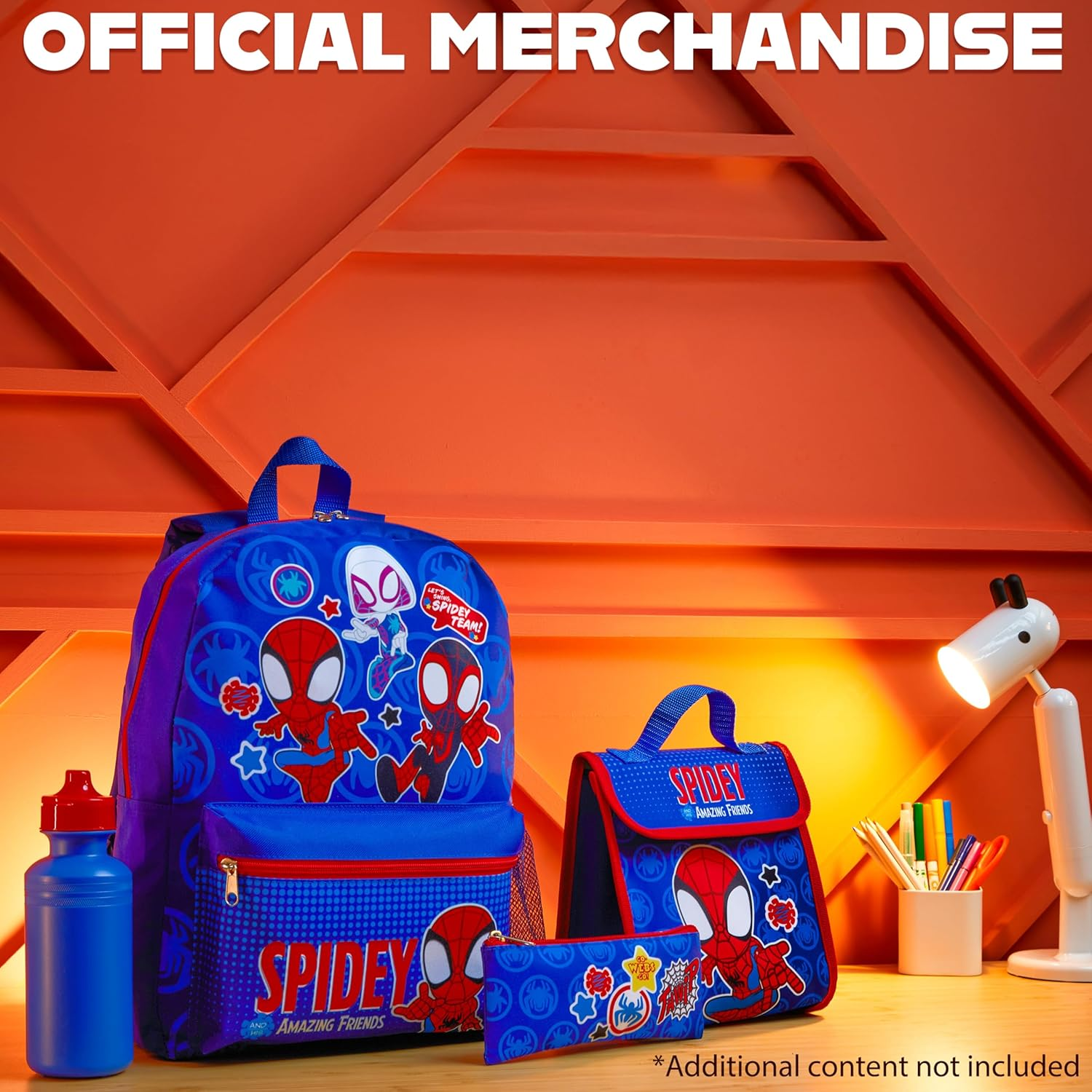 Marvel Spiderman Backpack Set 4 Pcs Water Bottle Pencil Case Lunch Bag or Wallet Keyring Travel School School Supplies, Blue, One Size, Spidey image number 3