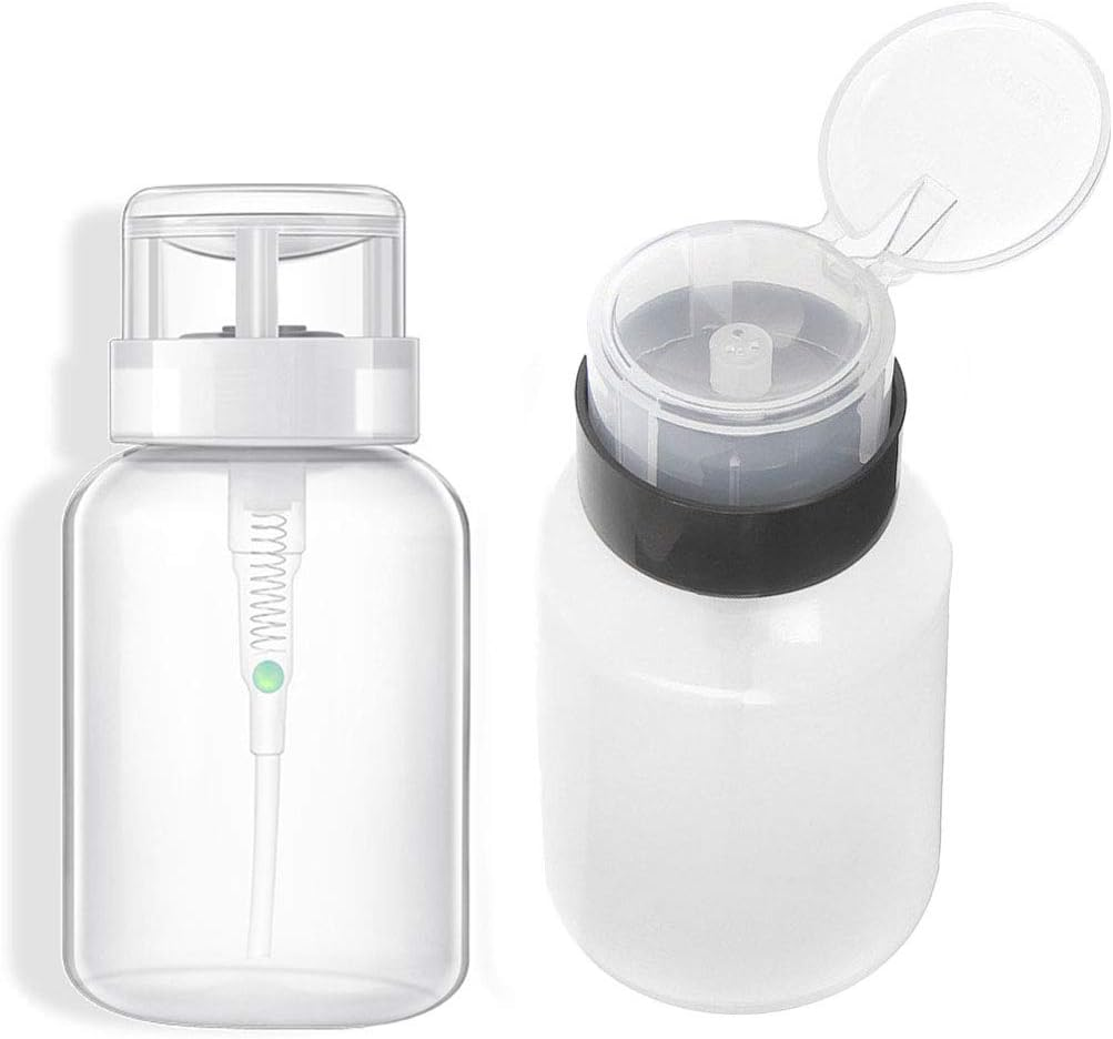 AKOAK Pack of 2 Push down Empty Lockable Pump Dispenser Bottle for Nail Polish and Makeup Remover,200Ml(6.8Oz),Black and White Top Cap image number 2