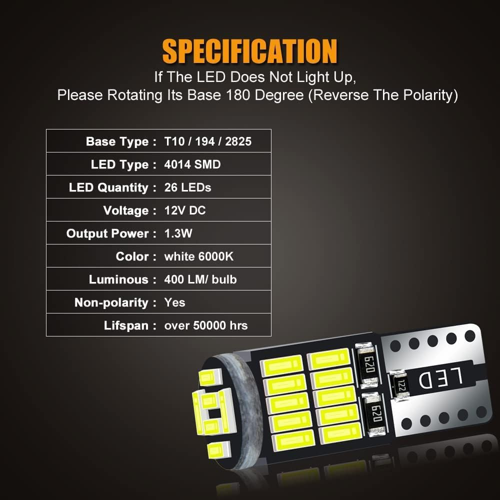 HOCOLO 2X T10 158 LED Bulb W5W 2825 168 192 194 T10 Wedge Light Bulbs 12V Cool White for Car Side Marker Lights Dome Map Door Courtesy License Plate 0.5W (2X T10 26-SMD) image number 4