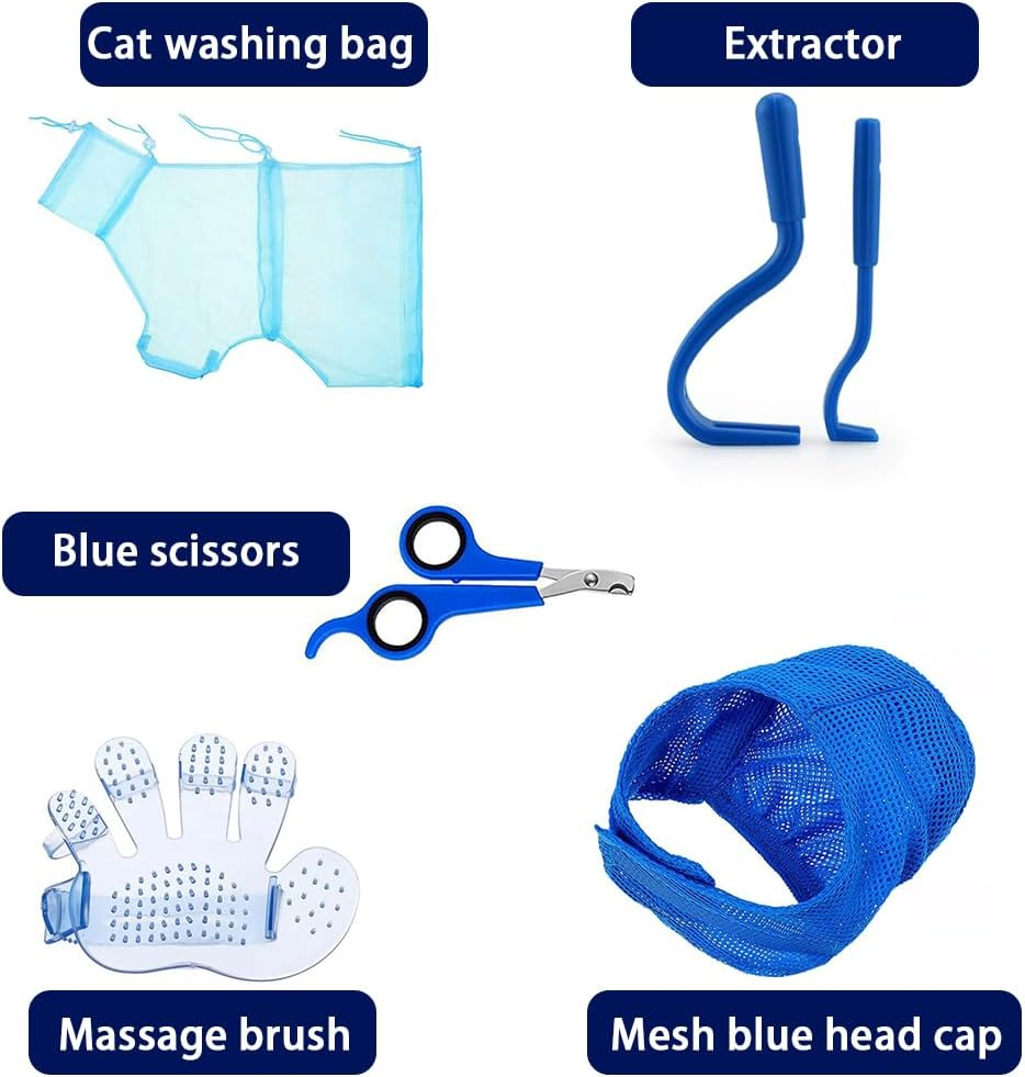 5PCS Cat Bathing & Grooming Set &ndash; Adjustable Anti-Scratch Cat Bathing Bag with Muzzle, Nail Clipper, Tick Remover, Grooming Brush, Pet Shower Mesh Kit for Cats, Dogs & Small Animals